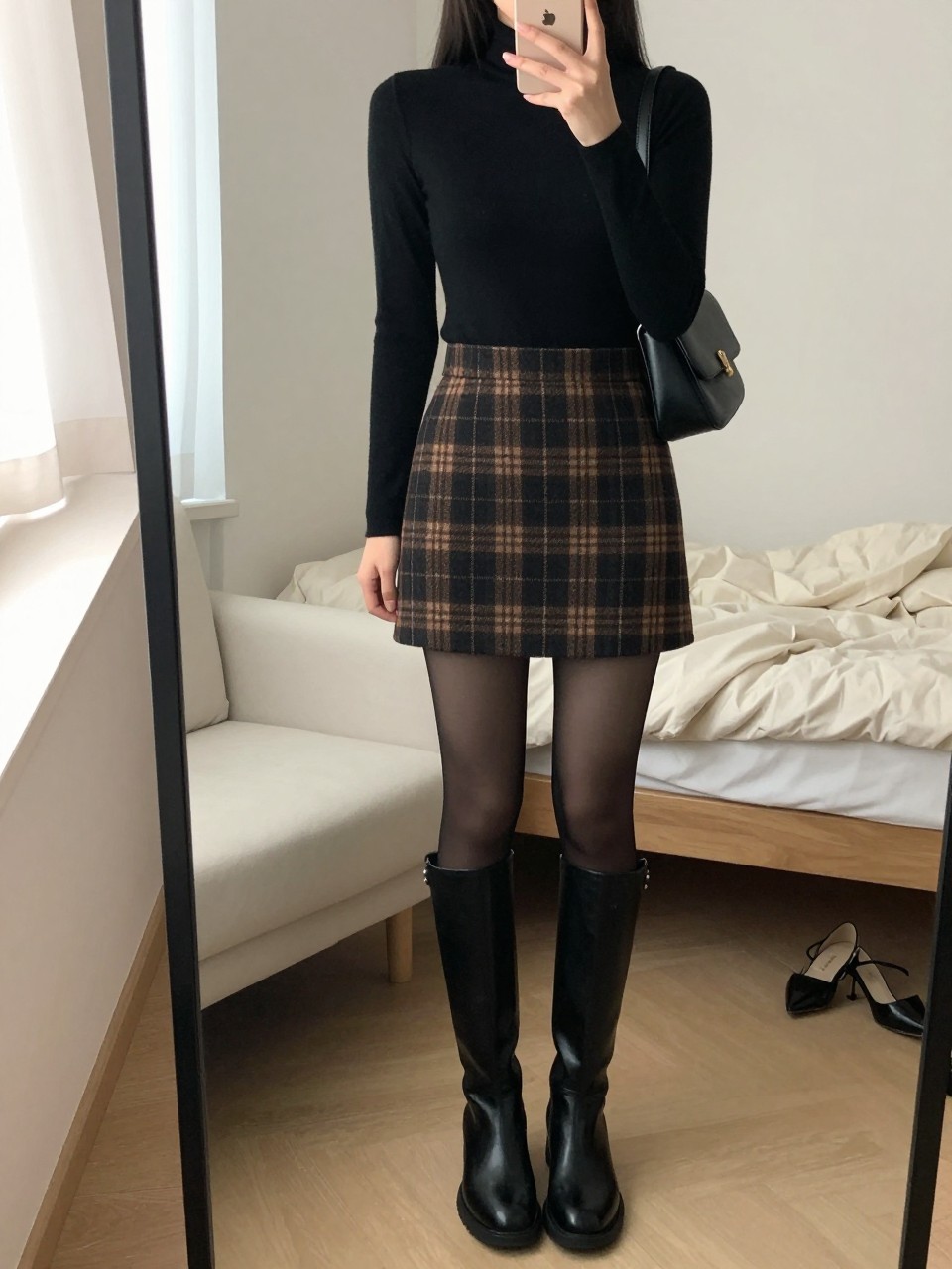 mirror selfie of a woman wearing a fitted black turtleneck, brown and black plaid wool mini skirt, sheer black tights, black knee-high leather boots, and a black mini shoulder bag, clearly showing the same clothing items, colors, fabrics, and accessories listed in the Outfit Pieces section, holding a phone in front of a mirror, cropped at NECK so the face does not show, with a relaxed casual selfie pose, in a cozy bedroom mirror setup, natural window light, including soft pillows on an unmade bed and a pair of heels on the floor nearby, latest iPhone photo quality.