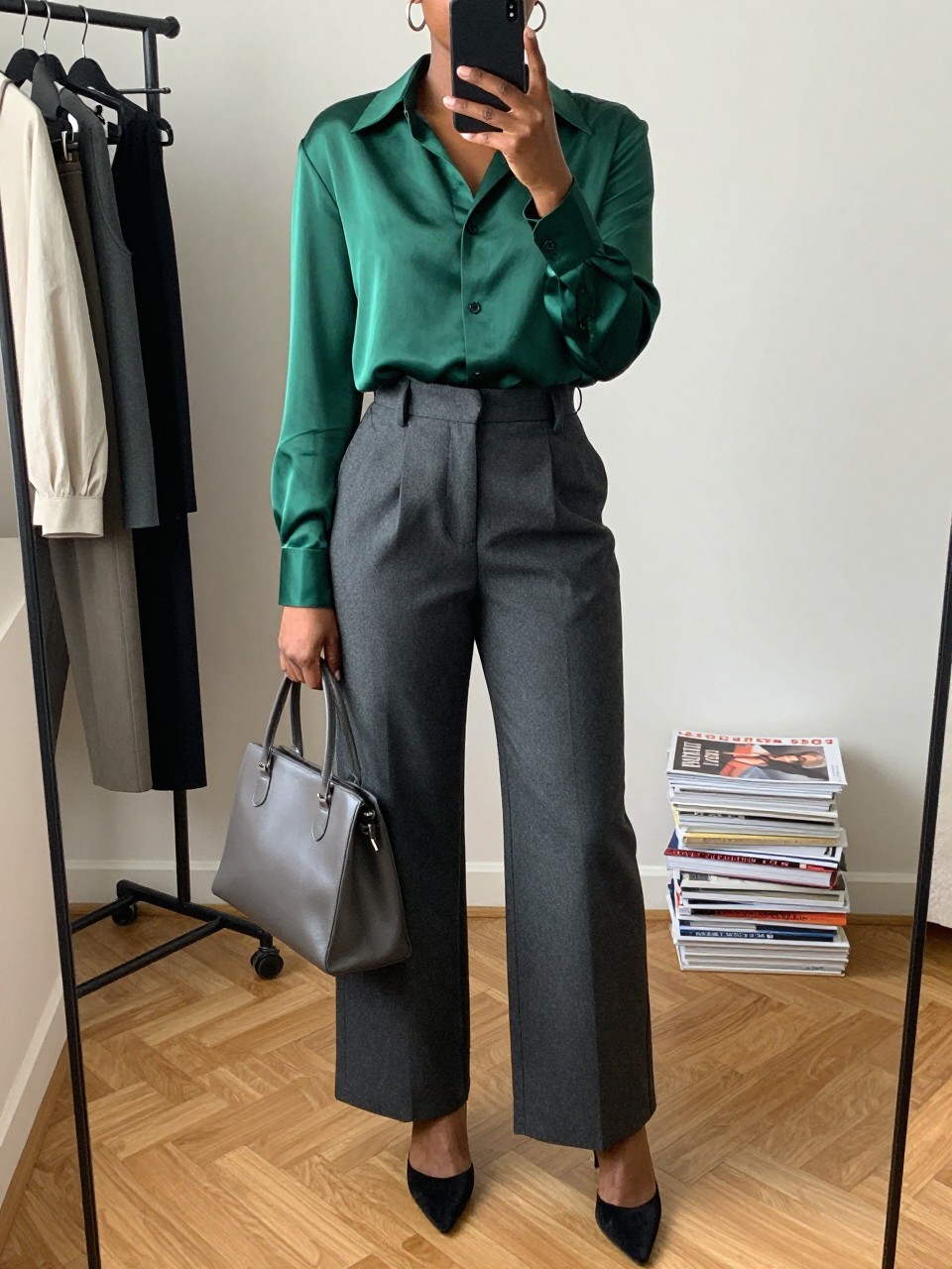 mirror selfie of a Black woman wearing a forest green satin blouse, charcoal wide-leg trousers, black suede pointed pumps, silver hoop earrings, and charcoal leather handbag, clearly showing the same clothing items, colors, fabrics, and accessories listed in the Outfit Pieces section, holding a phone in front of a mirror, cropped at NECK so the face does not show, with a relaxed casual selfie pose, in a fashion studio mirror corner, natural window light, including a clothing rack with garments behind and a stack of fashion magazines on a side table, latest iPhone photo quality.