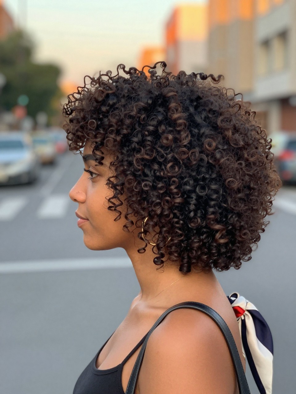 Image prompt

Photo of a woman wearing a high curly puff with a rounded cloud-like shape and neatly defined edges, side profile view highlighting the volume and hairline, softly blurred city street background, golden hour glow, containing a small lived-in detail such as gold hoop earrings and a silk scarf tied around her handbag strap, realistic candid photograph, latest iPhone photo quality.