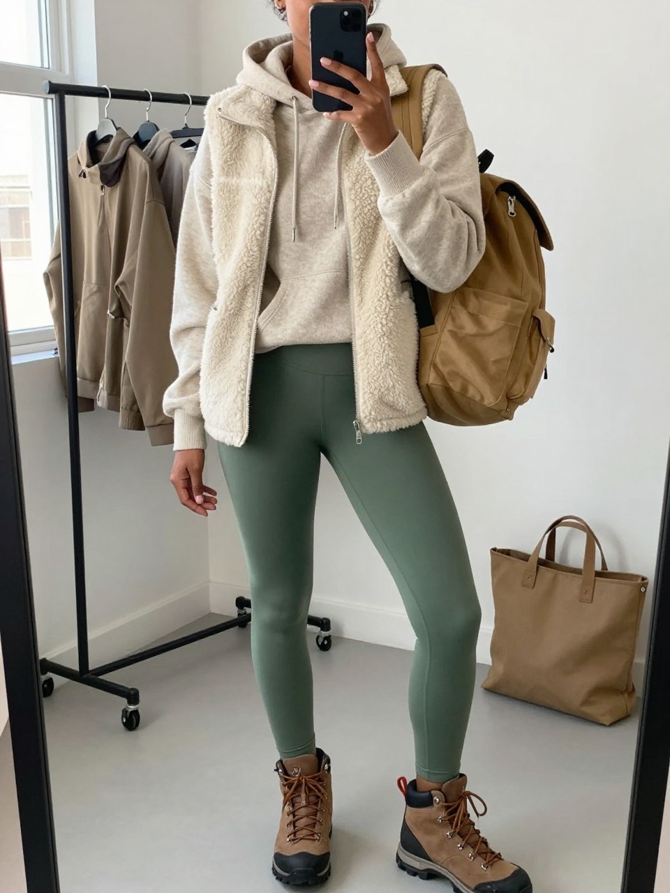 mirror selfie of a Black woman wearing the exact outfit described above, clearly showing an oatmeal knit hoodie, moss green hiking leggings, cream fleece vest, brown hiking boots, and a tan canvas backpack, holding a phone in front of a mirror, cropped at NECK so the face does not show, with a relaxed casual selfie pose, in a fashion studio mirror corner, natural window light, with a clothing rack with garments behind and a tote bag resting on the floor, latest iPhone photo quality.