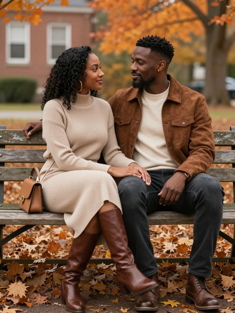 outdoor DSLR photo of a Black couple wearing coordinated fall photoshoot outfits, the woman wearing an oatmeal ribbed sweater midi dress, brown knee-high leather boots, gold hoop earrings, and a small tan handbag, the man wearing a brown suede jacket, cream crew-neck sweater, dark jeans, and brown leather boots, sitting together on a wooden park bench surrounded by orange leaves, soft natural window-like fall light, relaxed romantic pose, faces turned toward each other but not clearly visible, realistic autumn couple photography, latest iPhone photo quality.