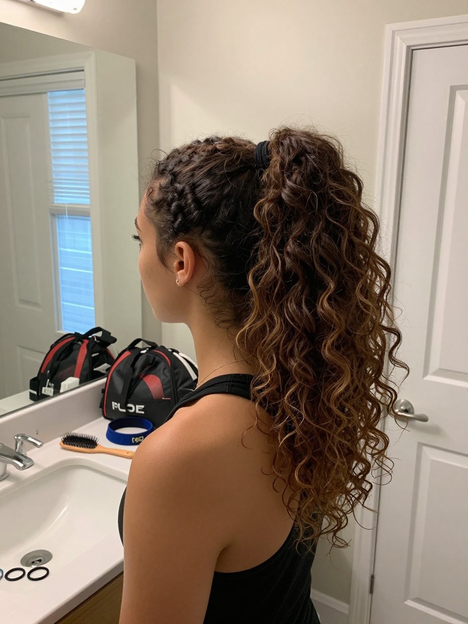 Image prompt

Photo of a woman wearing a stacked curly ponytail made from two hidden ponytails that create one long, full shape, side profile view beside a bathroom vanity before volleyball practice, natural window light, containing a small lived-in detail such as two strong elastics on the counter, a volleyball bag near the door, and a sports headband resting beside a hairbrush, realistic getting-ready moment, latest iPhone photo quality.