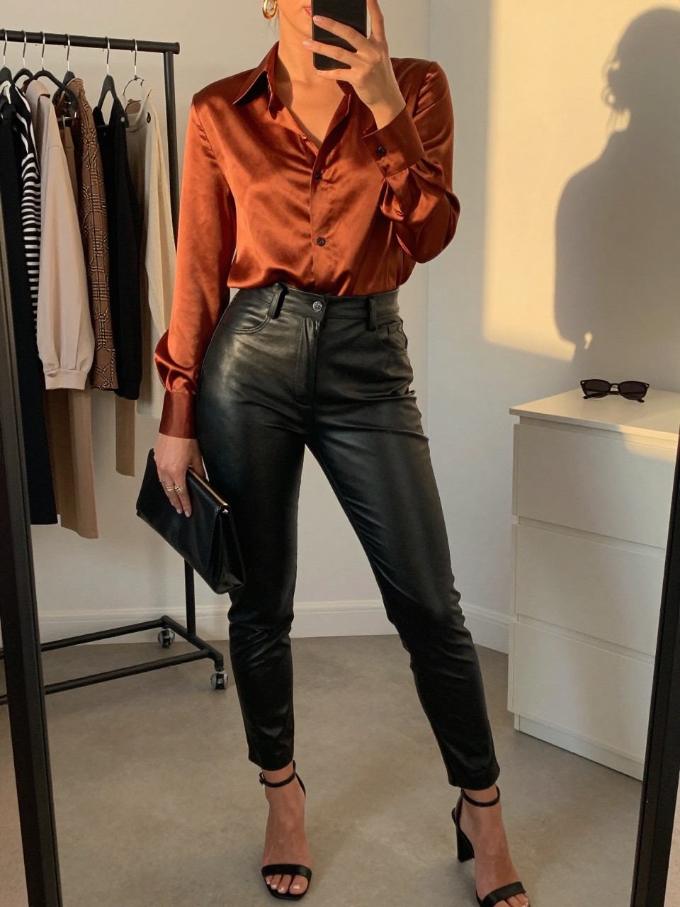 mirror selfie of a Latina woman wearing a rust satin long-sleeve blouse tucked into black faux leather pants, black strappy heels, gold hoop earrings, and a black clutch bag, holding a phone in front of a mirror, cropped at NECK so the face does not show, relaxed casual selfie pose, in a fashion studio mirror corner with evening golden hour lighting, including a clothing rack with garments behind and sunglasses placed on a dresser, realistic latest iPhone photo quality.