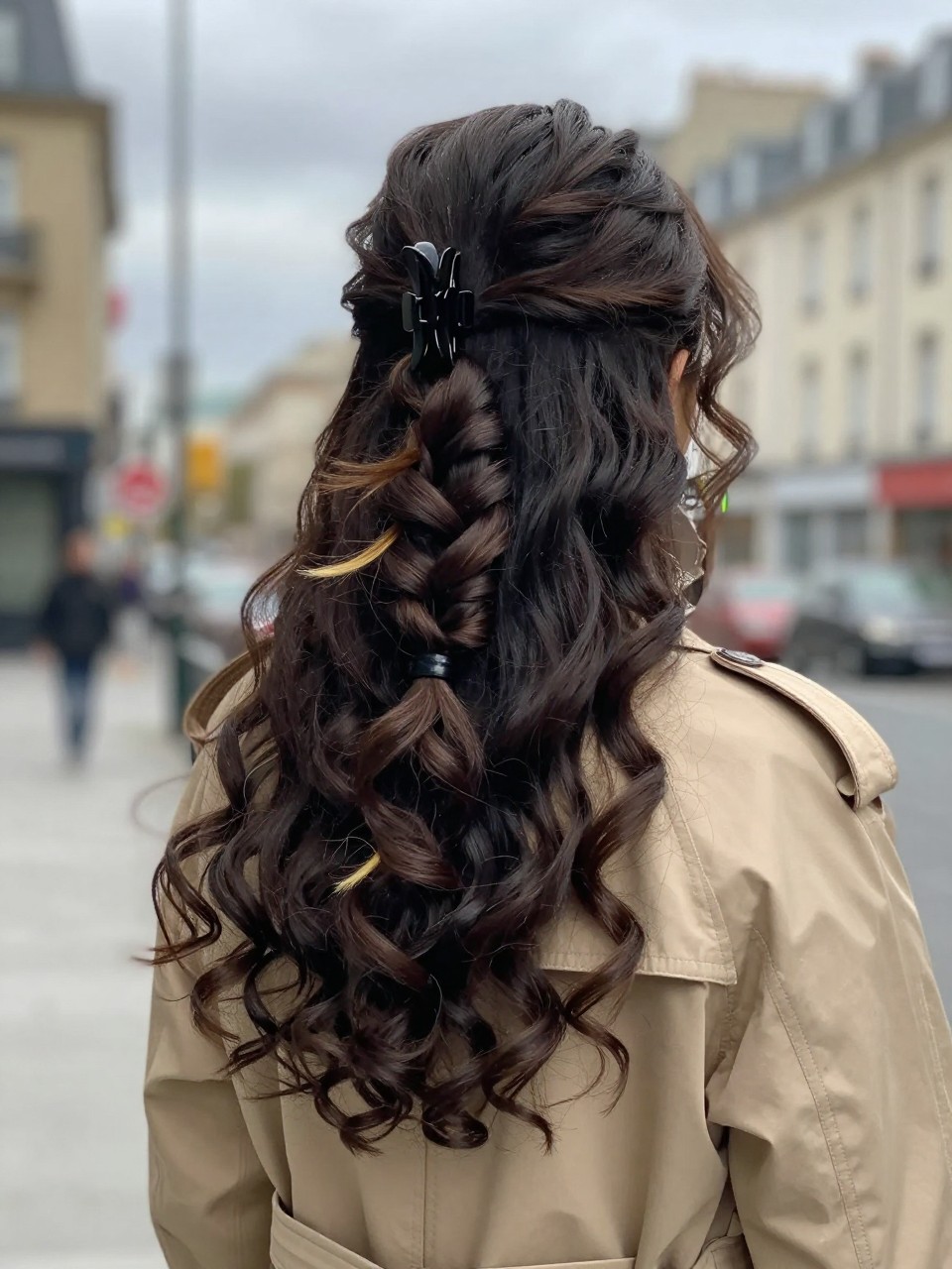 A realistic back-view hairstyle photo of a woman with long dark curly hair styled into a banana twist secured vertically with a medium black claw clip, curls tucked and layered softly through the twist with a few ends peeking out, beige trench coat, outdoor city street background, cloudy daylight, stylish editorial hairstyle inspiration, high-resolution DSLR photo, no text, (no watermarks on images)