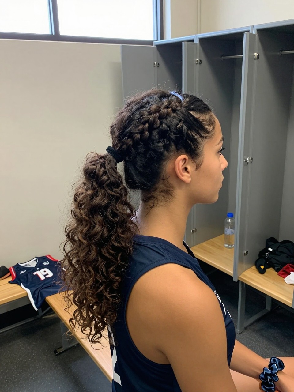 Image prompt

Photo of a woman wearing a low curly ponytail with a neat centre part and one loose three-strand braid running through the length, side profile view inside a sunlit locker room before a volleyball game, natural window light, containing a small lived-in detail such as a team jersey draped over the bench, a water bottle nearby, and a silk scrunchie on her wrist, realistic athletic getting-ready moment, latest iPhone photo quality.