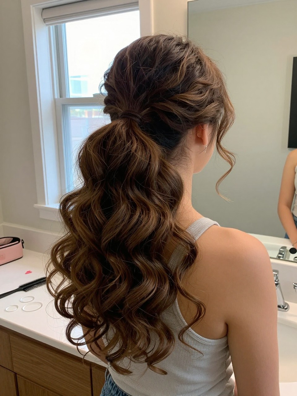 Image prompt

Photo of a woman wearing a mid-height curly bubble ponytail with three soft rounded sections, a smooth base, and slightly textured curls contained between clear elastics, back-of-head view beside a bathroom vanity mirror, natural window light, containing a small lived-in detail such as clear elastics on the counter, a wide-tooth comb nearby, and an open makeup bag beside the sink, realistic quick styling moment, latest iPhone photo quality.