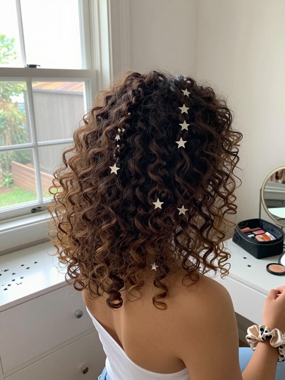 Image prompt
Photo of a woman wearing loose curly hair with two twisted sections pinned across the back like a soft crown and decorated with small silver star clips, back-of-head view highlighting the accessory placement, standing in a sun-drenched bedroom, natural window light, containing a small lived-in detail such as extra star clips on the dresser, a compact mirror near a makeup bag, and a silk scrunchie on her wrist, realistic Y2K getting-ready moment, latest iPhone photo quality.