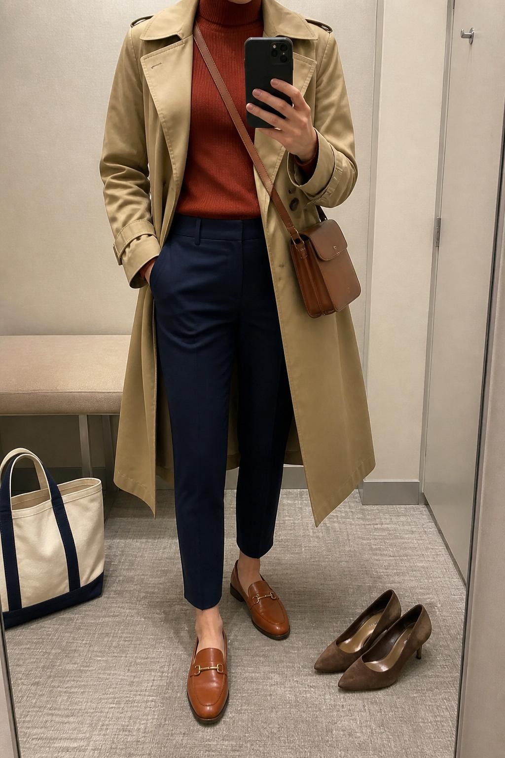 mirror selfie of a woman wearing a rust mock-neck sweater, navy cigarette pants, tan trench coat, cognac leather loafers, and cognac crossbody work bag, clearly showing the same clothing items, colors, fabrics, and accessories listed in the Outfit Pieces section, holding a phone in front of a mirror, cropped at NECK so the face does not show, with a relaxed casual selfie pose, in a minimal dressing room, soft indoor lighting, including a tote bag resting on the floor and a pair of heels on the floor nearby, latest iPhone photo quality.