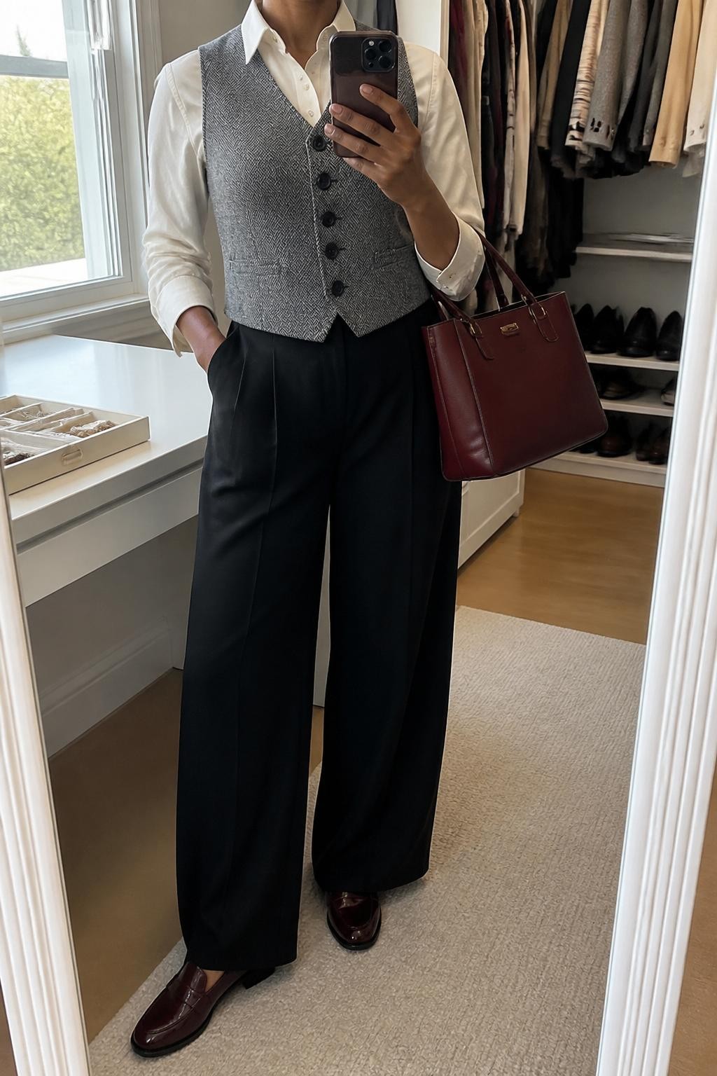 mirror selfie of a Black woman wearing a gray herringbone tailored vest, cream button-down shirt, black wide-leg trousers, burgundy leather loafers, and structured burgundy work bag, clearly showing the same clothing items, colors, fabrics, and accessories listed in the Outfit Pieces section, holding a phone in front of a mirror, cropped at NECK so the face does not show, with a relaxed casual selfie pose, in a walk-in closet mirror, natural window light, including open closet with clothes visible and a jewelry tray on the vanity, latest iPhone photo quality.
