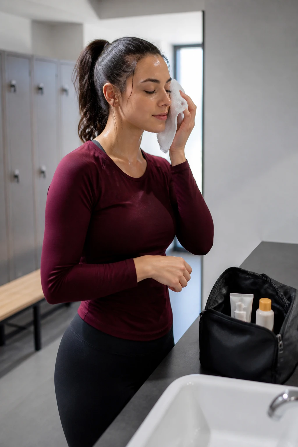 Image Prompt: A realistic wellness photograph of a woman caring for oily skin after a fall workout, standing beside a gym locker-room sink while gently patting sweat from her face with a clean white towel, wearing a burgundy long-sleeve workout top and dark leggings, dark hair secured in a high ponytail, gentle cleanser, lightweight moisturizer, and sunscreen arranged inside an open gym bag, cool daylight, clean neutral interior, realistic sweat and natural body proportions, editorial DSLR photography, 70mm lens, no sports branding, no text.
