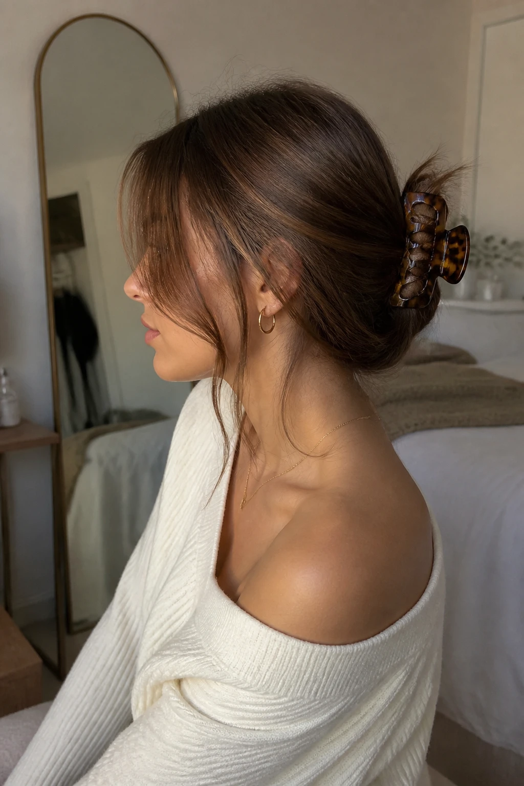 Image Prompt:
A realistic beauty photo of a woman with medium-length chestnut brown hair and curtain bangs styled into a loose claw clip twist, bangs softly parted and framing the face, medium tortoiseshell claw clip holding the back section, soft bends through the ends, cream off-shoulder sweater, warm bedroom mirror background, feminine everyday hairstyle inspiration, natural light, DSLR photo, no text, (no watermarks on images)