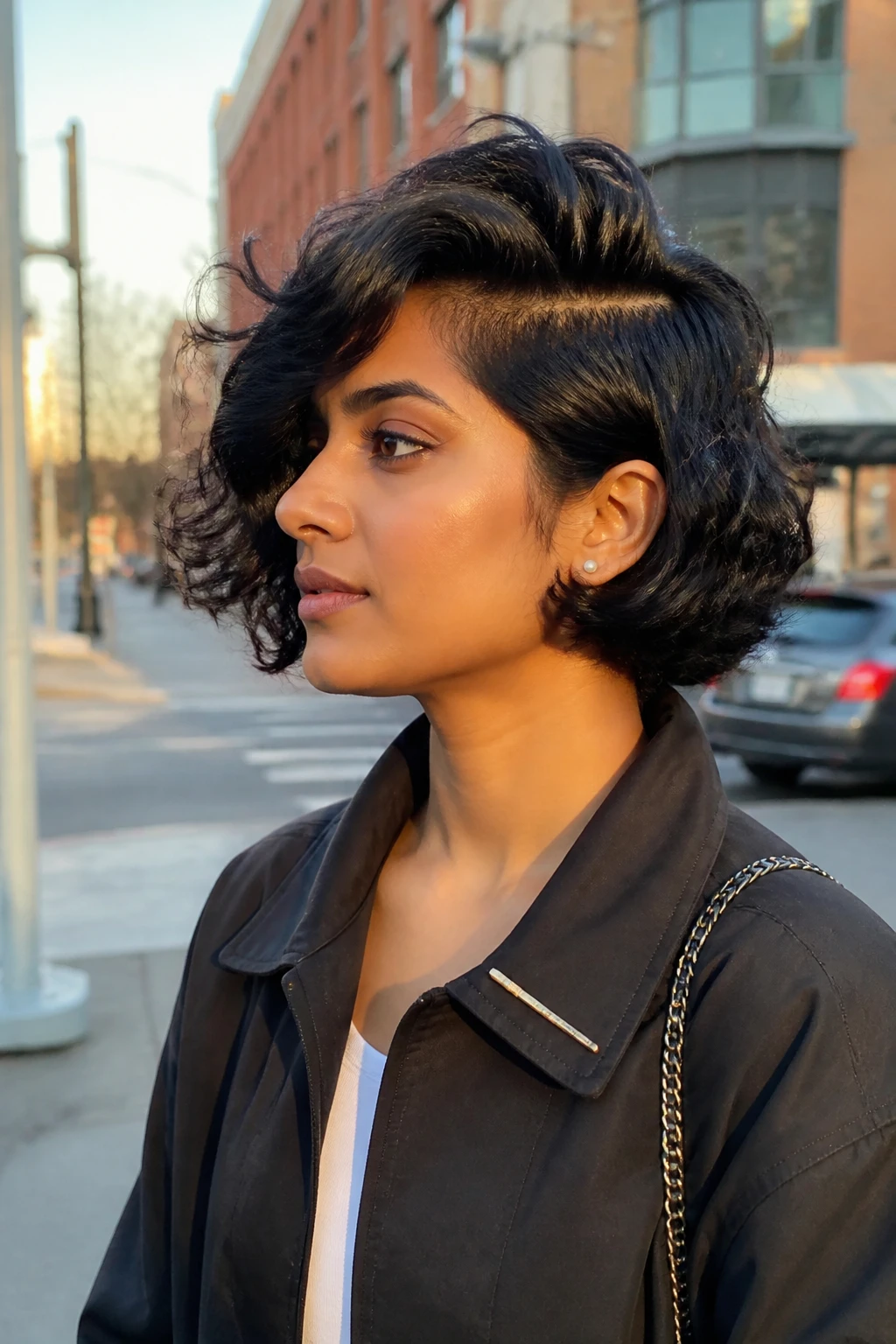 Image prompt

Photo of a South Asian woman wearing a short side-swept curly bob with a deep part, lifted roots, and full curls flowing over one side of the face, side profile view against a softly blurred city street background, golden hour glow, containing a small lived-in detail such as pearl earrings and a slim hair clip attached to her jacket collar, realistic candid photograph, latest iPhone photo quality.