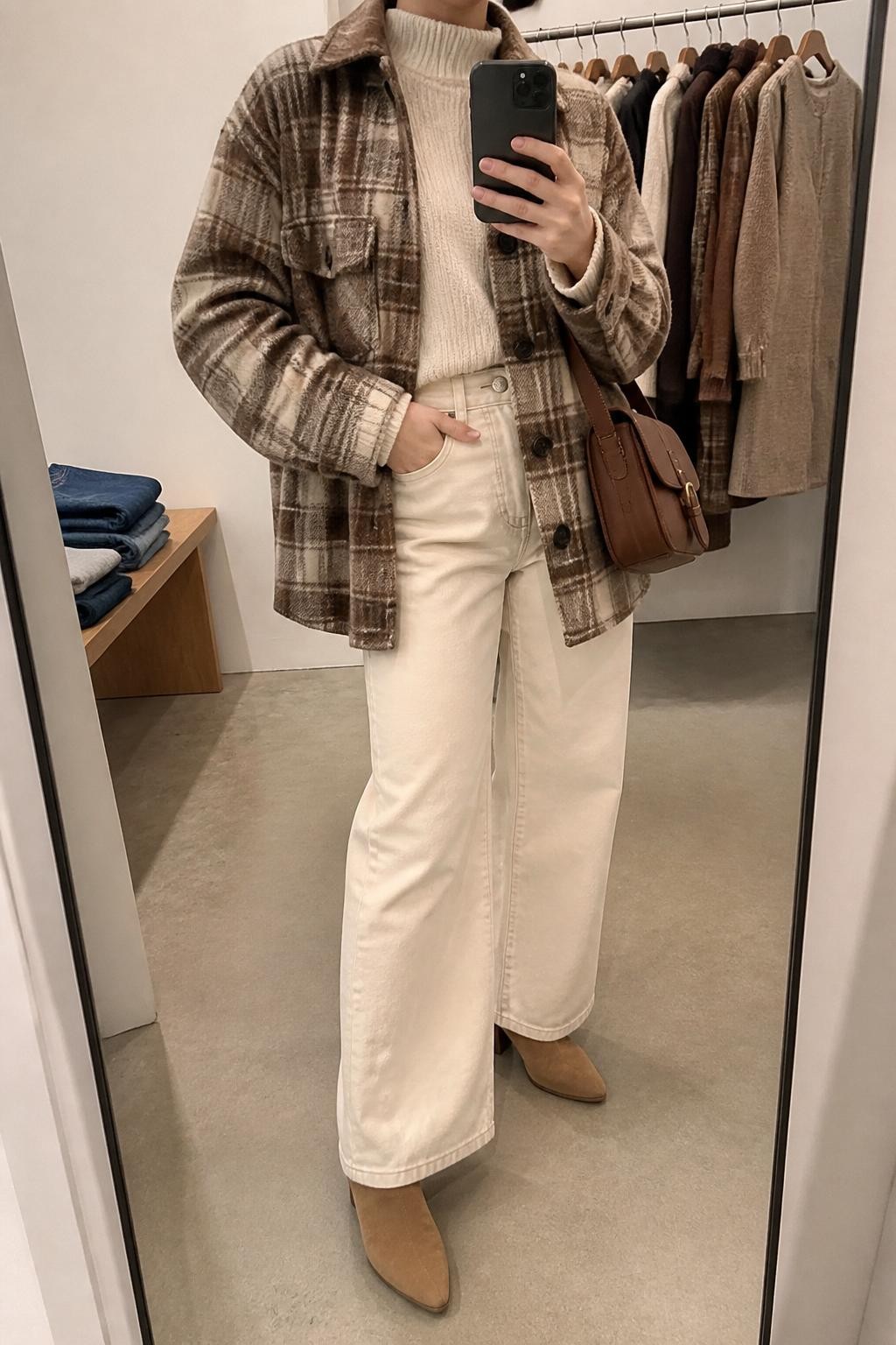 mirror selfie of a woman wearing a brown plaid wool shacket over a cream mock-neck sweater, cream wide-leg jeans, tan suede ankle boots, and a brown leather satchel, clearly showing the same clothing items, colors, fabrics, and accessories listed in the Outfit Pieces section, holding a phone in front of a mirror, cropped at NECK so the face does not show, with a relaxed casual selfie pose, in a minimal dressing room, soft indoor lighting, including a clothing rack with garments behind and folded denim jeans on a bench, latest iPhone photo quality.