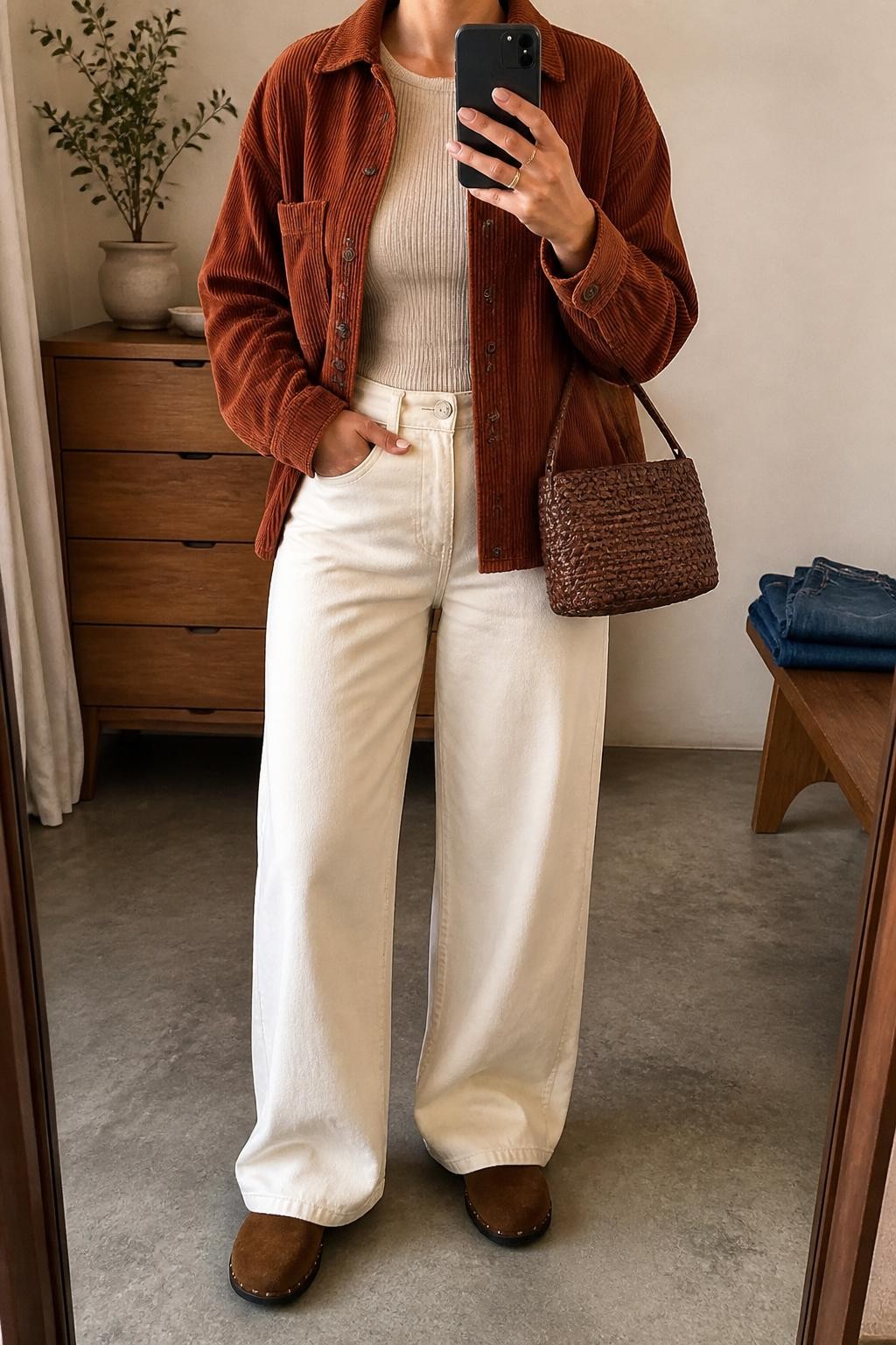 mirror selfie of a woman wearing the exact outfit described above, clearly showing a rust corduroy jacket, oatmeal fitted knit top, cream wide-leg pants, brown suede clogs, and a woven mini bag, holding a phone in front of a mirror, cropped at NECK so the face does not show, with a relaxed casual selfie pose, in a minimal dressing room, evening golden hour, with a small plant on a dresser and folded denim jeans on a bench, latest iPhone photo quality.