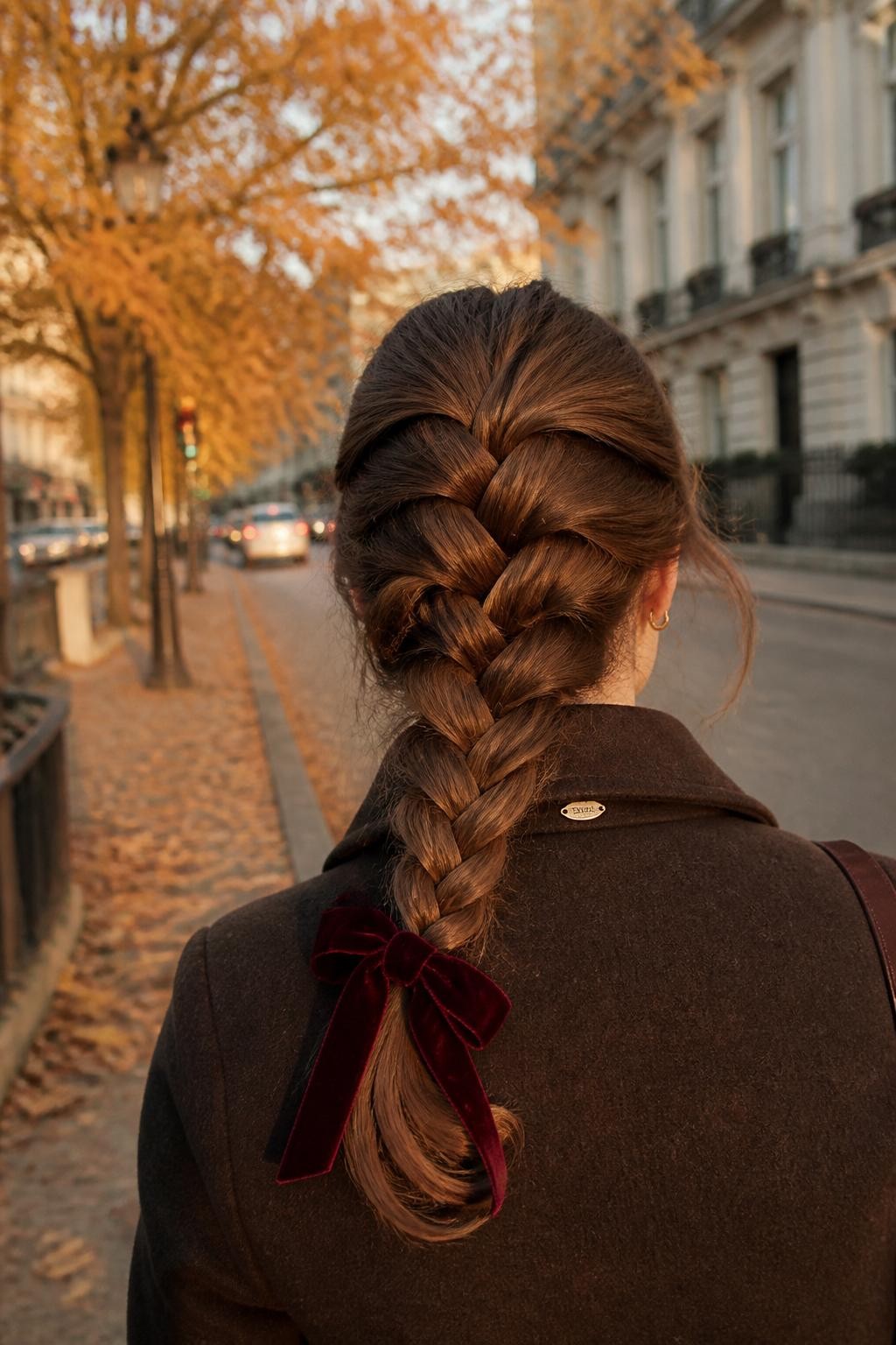 Image prompt: Photo of a woman wearing a soft full French braid with lightly loosened sections and a deep burgundy velvet ribbon tied at the end, back-of-head view, softly blurred city street background with amber leaves, golden hour glow, small hair clip attached to her coat collar and a few natural wisps around the ears, realistic outdoor fall moment, latest iPhone photo quality.