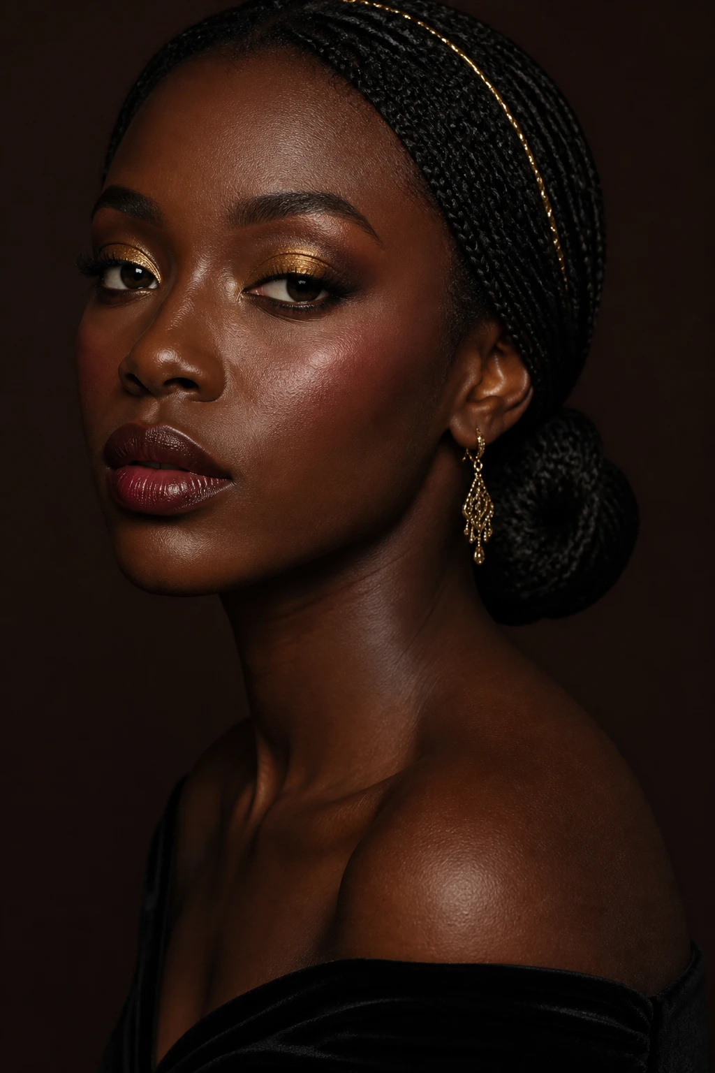 Image Prompt: A luxurious close-up editorial portrait of a Black woman with deep ebony skin wearing refined gilded fall makeup, fine antique-gold shimmer pressed across the inner eyelids and lightly brushed onto the lashes, soft espresso shadow around the outer corners, radiant but natural skin, deep cocoa blush, and satin mahogany lips, long micro braids styled into a sculptural low bun with one thin gold hair cord, woman wearing a black velvet off-shoulder top and delicate gold earrings, dark chocolate studio background, dramatic soft side lighting, high-fashion DSLR photography, 100mm lens, realistic metallic texture without oversized glitter, no logos, no text, no watermarks on images.