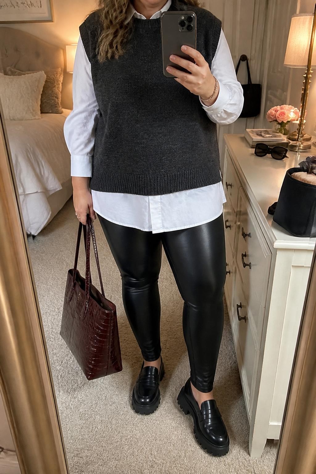 mirror selfie of a plus size woman wearing the exact outfit described above, a relaxed charcoal gray sweater vest layered over a crisp white long-hem poplin shirt, matte black faux leather leggings, black chunky leather loafers, and deep burgundy croc-effect tote, clearly showing the same clothing items, colors, fabrics, and accessories listed in the Outfit Pieces section, holding a phone in front of a mirror, cropped at NECK so the face does not show, with a relaxed casual selfie pose, in a feminine-themed bedroom, evening golden hour, including sunglasses placed on a dresser and a makeup brush or cosmetic bag on the counter, latest iPhone photo quality.