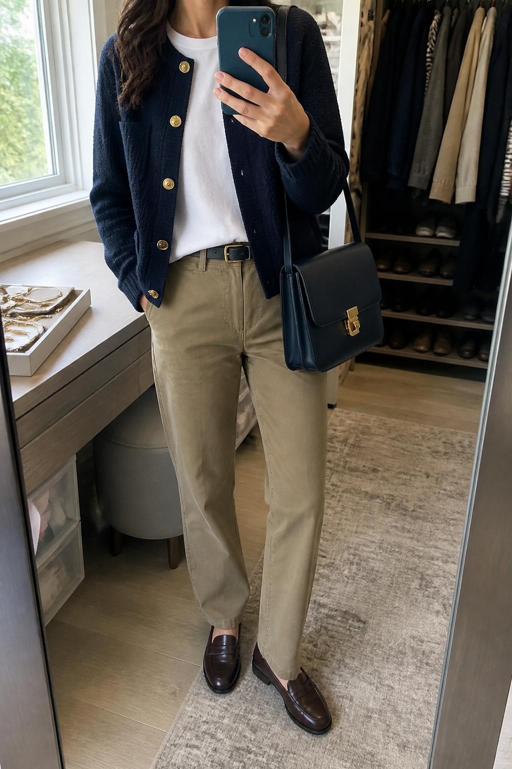 mirror selfie of a woman wearing a navy structured cardigan jacket over a white cotton tee, khaki straight-leg trousers, brown loafers, and a navy leather satchel, clearly showing the same clothing items, colors, fabrics, and accessories listed in the Outfit Pieces section, holding a phone in front of a mirror, cropped at NECK so the face does not show, with a relaxed casual selfie pose, in a walk-in closet mirror, natural window light, including open closet with clothes visible and a jewelry tray on the vanity, latest iPhone photo quality.