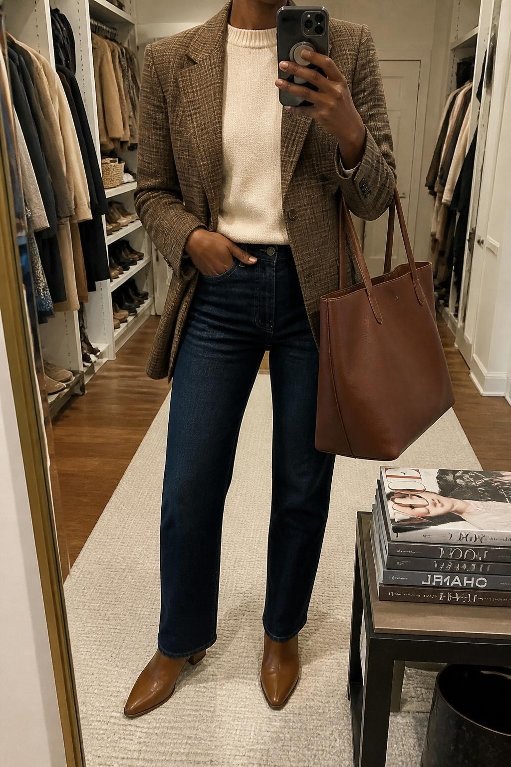 mirror selfie of a Black woman wearing a brown plaid blazer over a cream crewneck sweater, dark wash straight-leg jeans, tan ankle boots, and a brown leather work tote, clearly showing the same clothing items, colors, fabrics, and accessories listed in the Outfit Pieces section, holding a phone in front of a mirror, cropped at NECK so the face does not show, with a relaxed casual selfie pose, in a walk-in closet mirror, soft indoor lighting, including open closet with clothes visible and a stack of fashion magazines on a side table, latest iPhone photo quality.