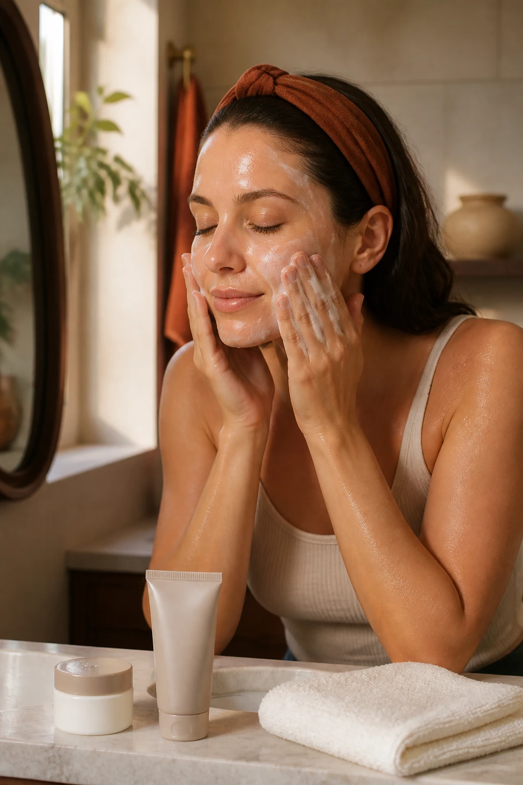 Image Prompt: A realistic DSLR beauty photograph of a woman washing her face with a gentle creamy cleanser in a softly lit fall bathroom, dark brown hair held away from her face with a rust-colored fabric headband, natural makeup-free skin with visible pores and realistic texture, fingertips lightly massaging cleanser over damp cheeks without a brush or rough washcloth, unbranded cleanser, moisturizer, and folded cream towel arranged on a pale stone vanity, warm morning sunlight, cream tiles, walnut cabinets, and muted terracotta accents, calm premium skincare editorial photography, 85mm lens, shallow depth of field, no product labels, no text.
