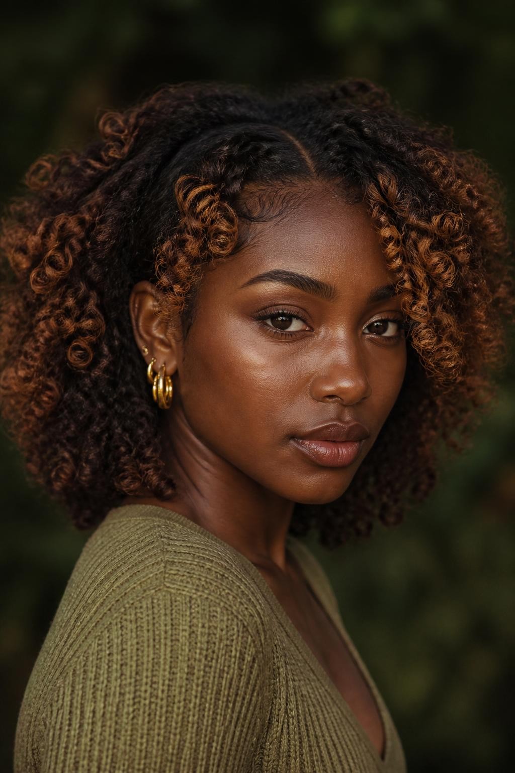 A realistic editorial portrait of a Black woman with rich dark skin and medium-length springy curls, deep mocha-brown base with amber curl contouring, warm amber-gold and cinnamon-brown pigment painted onto curls around the forehead, cheekbones, jawline, and outer perimeter, brightest pieces positioned beside the face rather than across the full crown, dark natural roots and interior curls preserved, soft caramel tips on selected front curls, natural baby hairs, defined texture with slight frizz, olive knit top, layered gold earrings, blurred dark green background, soft golden-hour light, realistic skin detail and intentional contour placement.