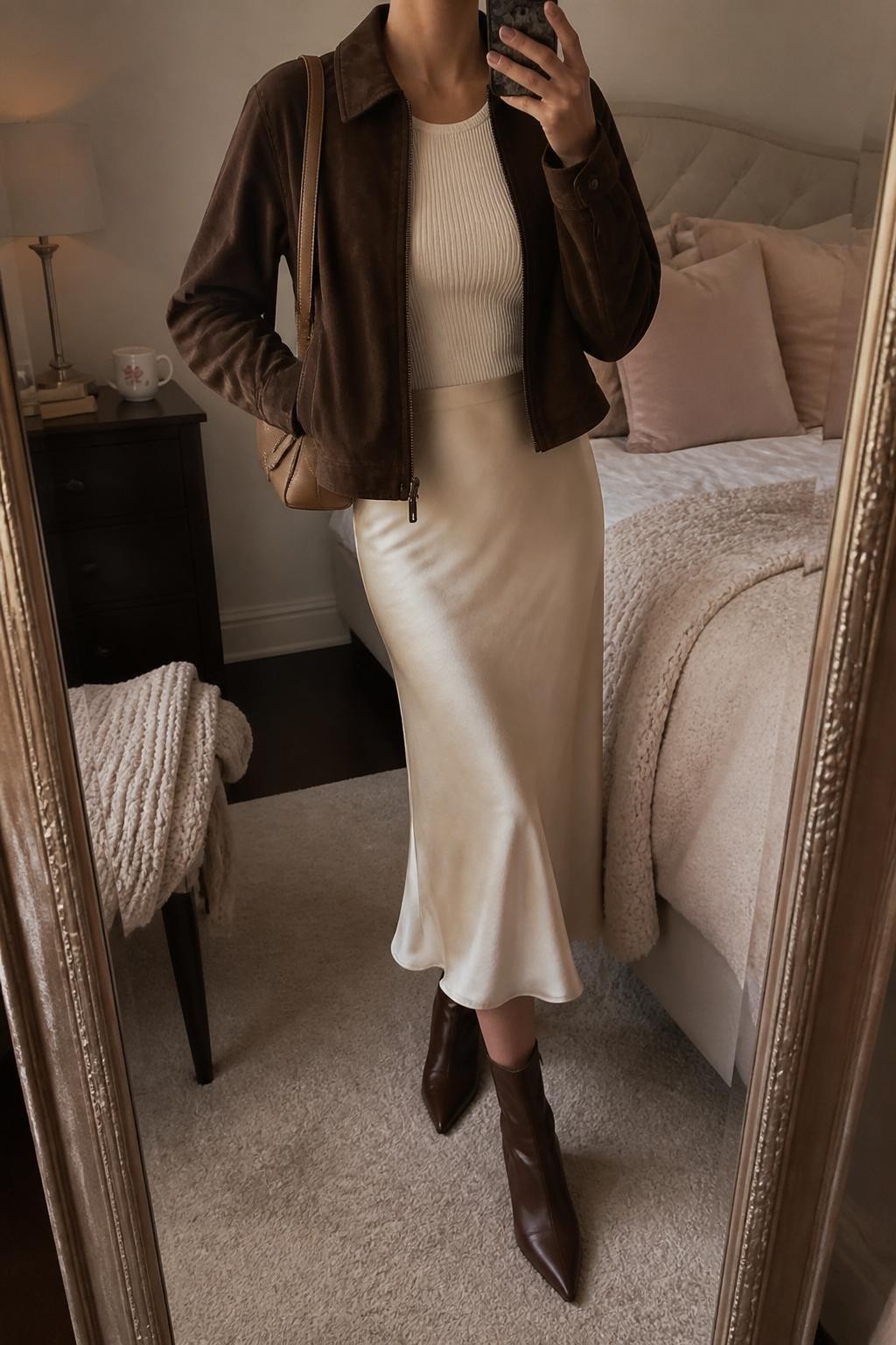 mirror selfie of a woman wearing a chocolate brown suede jacket, fitted ivory ribbed top, cream satin midi skirt, brown pointed ankle boots, and a soft tan shoulder bag, clearly showing the same clothing items, colors, fabrics, and accessories listed in the Outfit Pieces section, holding a phone in front of a mirror, cropped at NECK so the face does not show, with a relaxed casual selfie pose, in a feminine-themed bedroom, warm moody lighting, including a coffee mug on a bedside table and a folded blanket on a chair, latest iPhone photo quality.