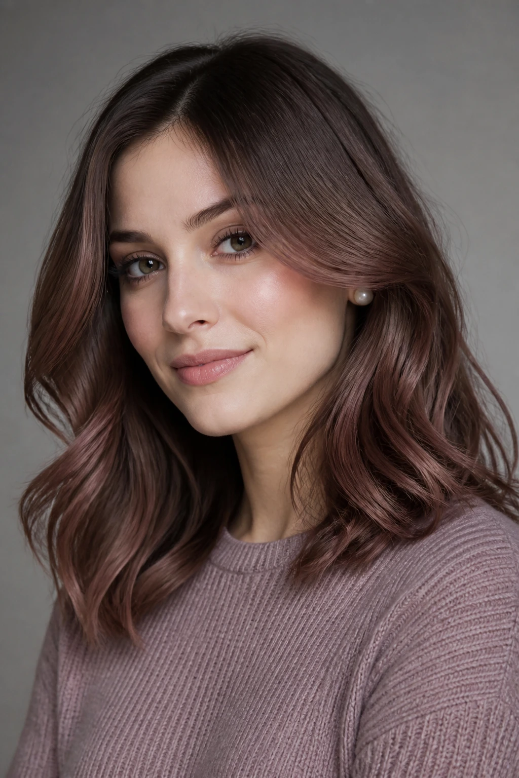 A realistic beauty portrait of a woman with fair skin and medium-length soft waves, rosewood brunette hair color, muted brown base with soft rosy-brown glaze, subtle pink-brown tone visible in the light, darker roots, gentle face-framing layers, pale mauve sweater, pearl earrings, soft gray studio background, natural daylight, realistic hair texture, understated color finish.