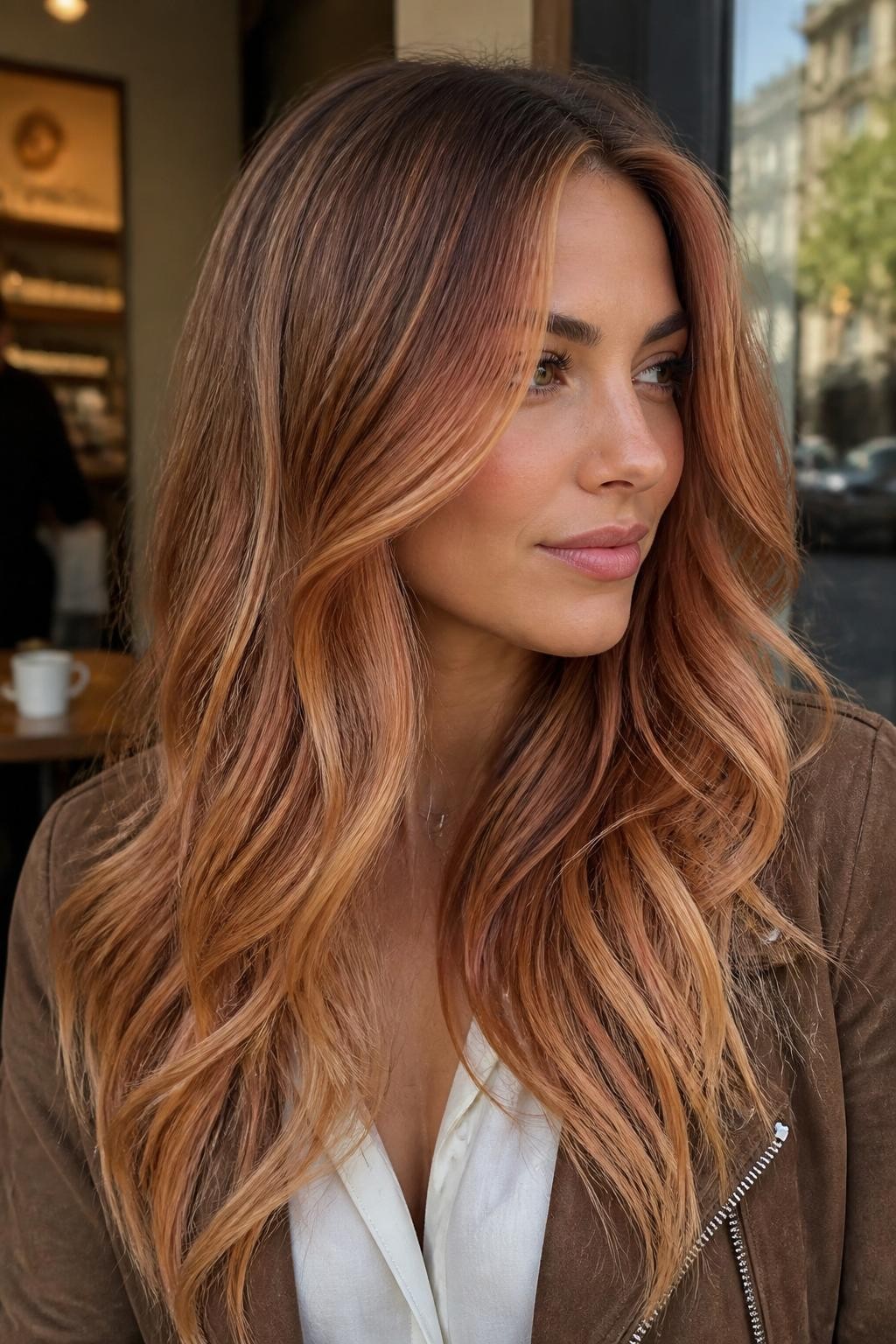 A realistic beauty portrait of a woman with medium olive skin and long deep blonde hair, copper penny strawberry money melt, medium warm beige roots, narrow front sections beginning in muted cinnamon near the scalp, melting into rich copper penny through the cheekbone area and pale strawberry-gold at the ends, finer coordinating ribbons scattered through the lower lengths, back sections remaining soft dark blonde, loose layered waves, ivory blouse under a brown suede jacket, blurred cafe window, warm natural daylight, seamless gradient, realistic pigment and individual hair strands.
