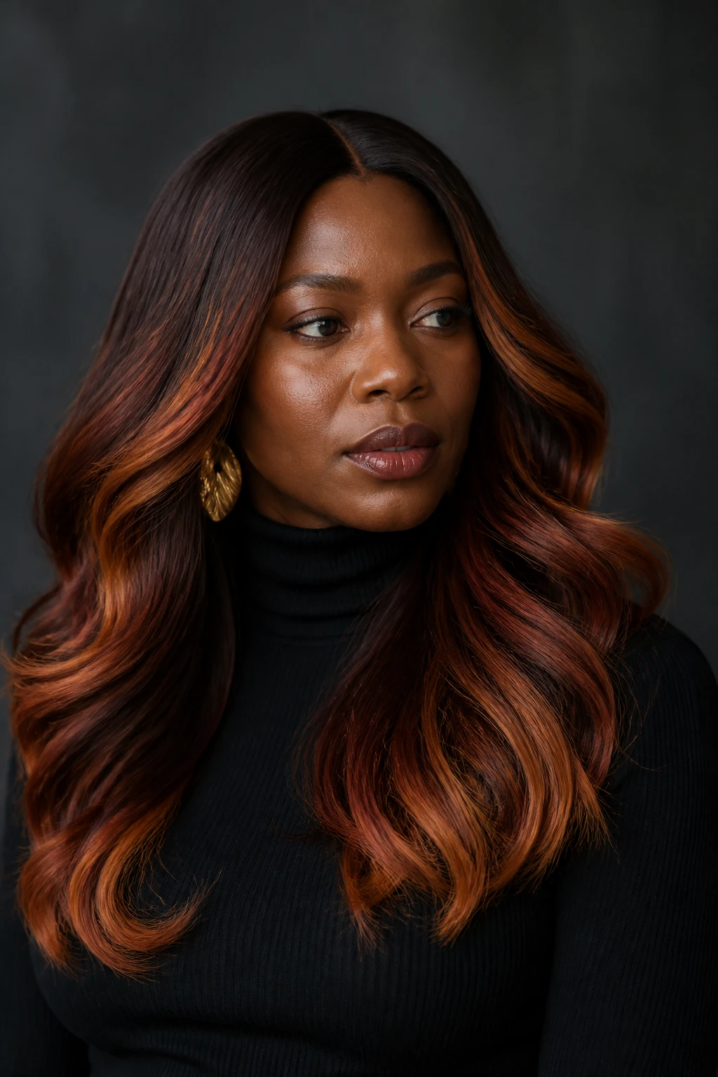 A realistic editorial portrait of a Black woman with deep brown skin and long layered waves, molten mahogany hair color, deep espresso-mahogany roots extending two inches from the scalp, rich red-brown mid-lengths, narrow amber-copper and burnt honey ribbons painted through the outer layers, brighter fire-toned pieces concentrated around the cheekbones and lower ends, darker interior hair preserved, no flat red or neon orange, loose waves showing each tone, black ribbed turtleneck, sculptural gold hoops, warm charcoal studio background, soft directional winter light, natural skin texture, realistic strands and glossy satin finish.