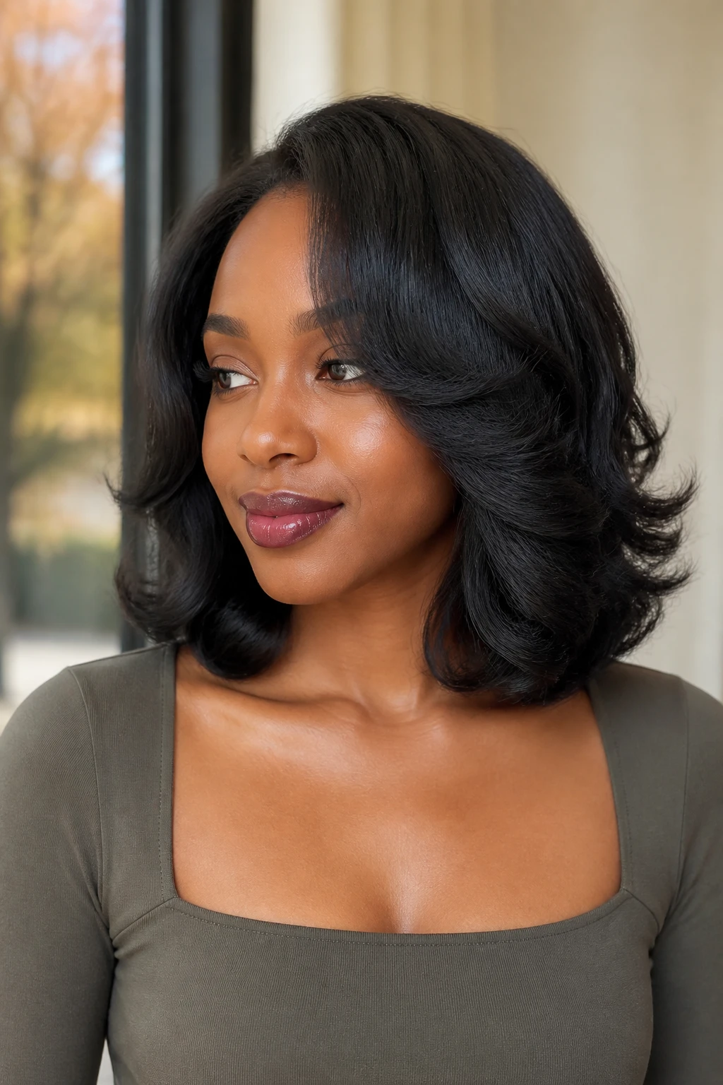 Image Prompt: A realistic salon beauty portrait of a Black woman with deep brown skin showing a fresh shoulder-length haircut with soft face-framing layers, natural textured hair stretched and styled into smooth voluminous curls, shorter pieces beginning around the cheekbones and blending into rounded ends, side part with gentle movement, healthy shine, subtle neutral makeup and berry lip tint, woman wearing a dark olive square-neck top, warm salon window light, clean cream background with softly blurred autumn foliage outside, highly detailed strands and natural skin texture, premium DSLR hair photography, 85mm lens, no visible logos, no text.
