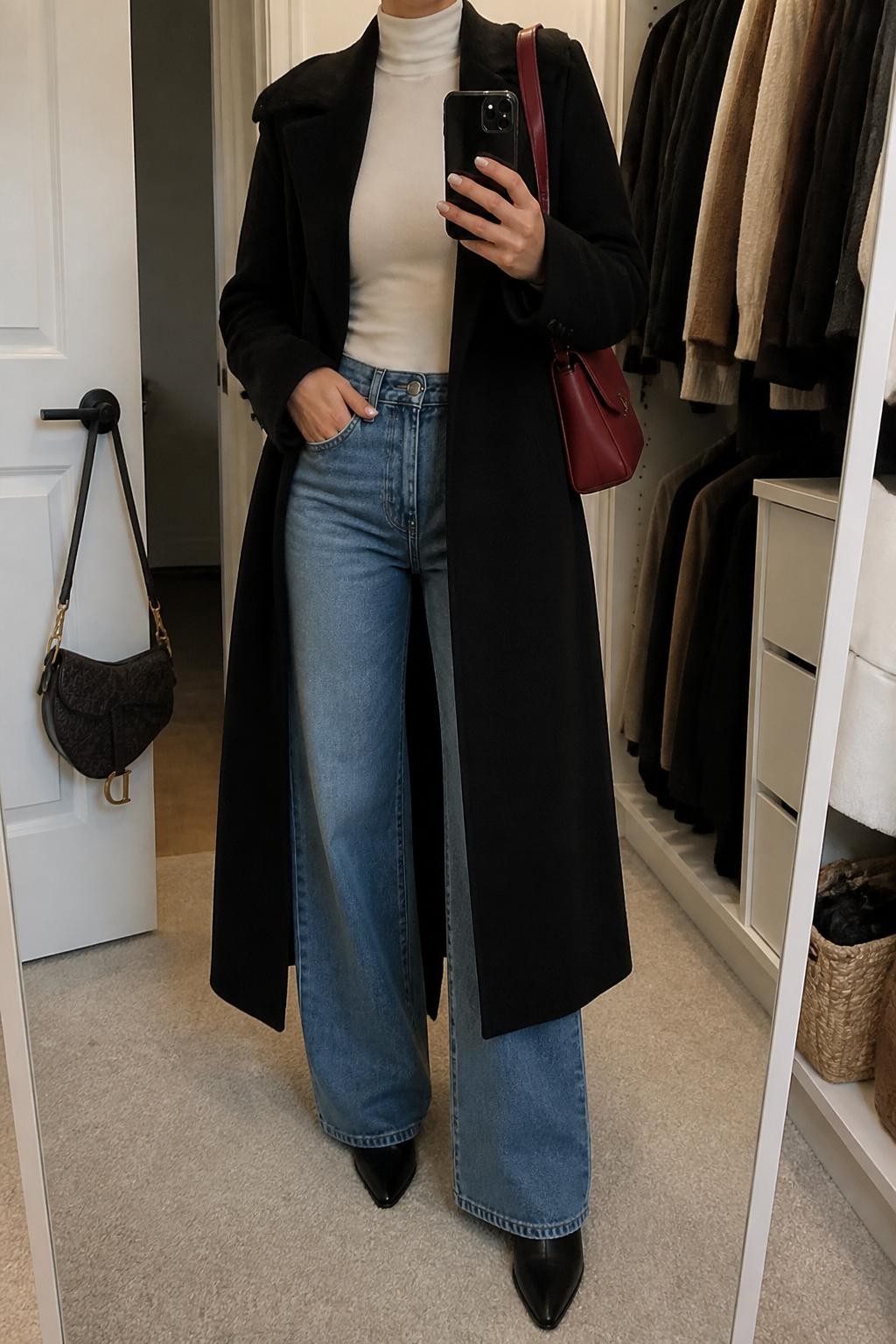 mirror selfie of a woman wearing a long black wool coat, white fitted turtleneck, medium-wash wide-leg denim jeans, black pointed ankle boots, and a burgundy leather shoulder bag, clearly showing the same clothing items, colors, fabrics, and accessories listed in the Outfit Pieces section, holding a phone in front of a mirror, cropped at NECK so the face does not show, with a relaxed casual selfie pose, in a walk-in closet mirror, soft indoor lighting, including an open closet with clothes visible and a handbag hanging on a door handle, latest iPhone photo quality.