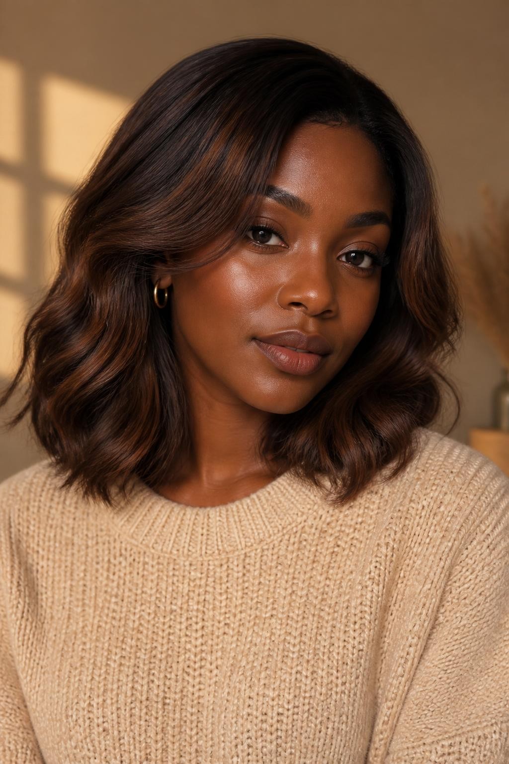 Hair Color Image Prompt:
A realistic editorial portrait of a Black woman with deep brown skin and shoulder-length soft waves, cinnamon mocha brunette hair color, deep espresso-brown base with warm cinnamon-brown gloss through the mid-lengths, very fine copper-brown ribbons around the face, soft root shadow, glossy but natural finish, loose waves showing color depth, cream knit sweater, small gold hoops, warm beige studio background, soft autumn window light, realistic hair strands and natural skin texture.