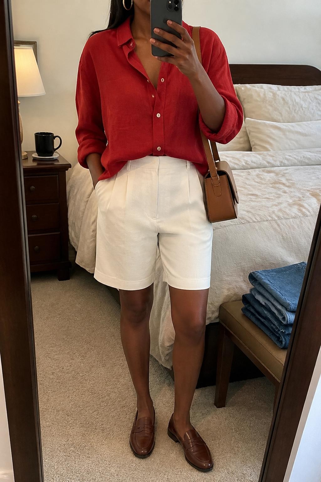 mirror selfie of a Black woman wearing a red oversized linen button-down shirt tucked loosely into cream tailored Bermuda shorts, brown leather loafers, tan structured mini bag, and chunky gold hoop earrings, clearly showing the same clothing items, colors, fabrics, and accessories listed in the Outfit Pieces section, holding a phone in front of a mirror, cropped at NECK so the face does not show, with a relaxed casual selfie pose, in a cozy bedroom mirror setup, soft indoor lighting, including folded denim jeans on a bench and a coffee mug on a bedside table, latest iPhone photo quality.