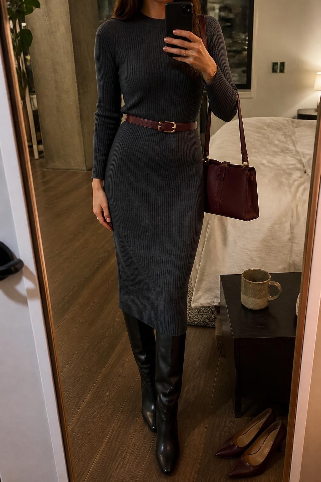 mirror selfie of a woman wearing a charcoal ribbed midi knit dress, burgundy leather belt, black knee-high leather boots, slim gold bracelet, and burgundy structured shoulder bag, clearly showing the same clothing items, colors, fabrics, and accessories listed in the Outfit Pieces section, holding a phone in front of a mirror, cropped at NECK so the face does not show, with a relaxed casual selfie pose, in a stylish city apartment, warm moody lighting, including a coffee mug on a bedside table and a pair of heels on the floor nearby, latest iPhone photo quality.