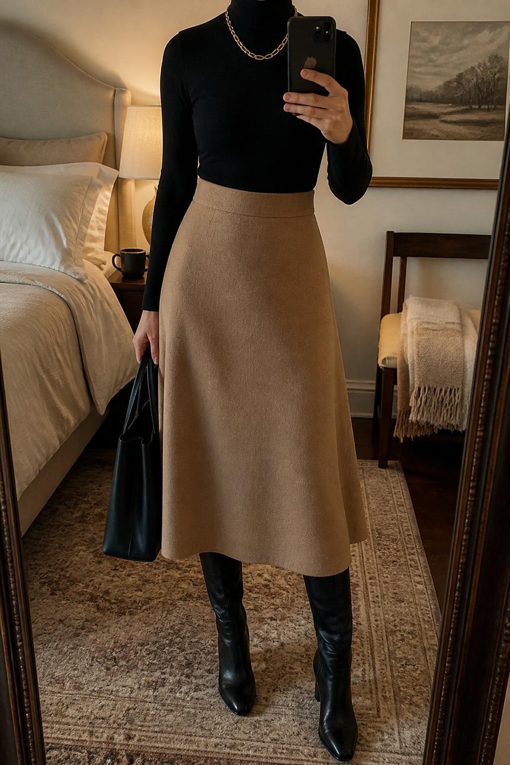 mirror selfie of a woman wearing a black fitted turtleneck, camel wool A-line midi skirt, black leather knee boots, gold chain necklace, and black structured tote, clearly showing the same clothing items, colors, fabrics, and accessories listed in the Outfit Pieces section, holding a phone in front of a mirror, cropped at NECK so the face does not show, with a relaxed casual selfie pose, in a cozy bedroom mirror setup, warm moody lighting, including a coffee mug on a bedside table and folded blanket on a chair, latest iPhone photo quality.