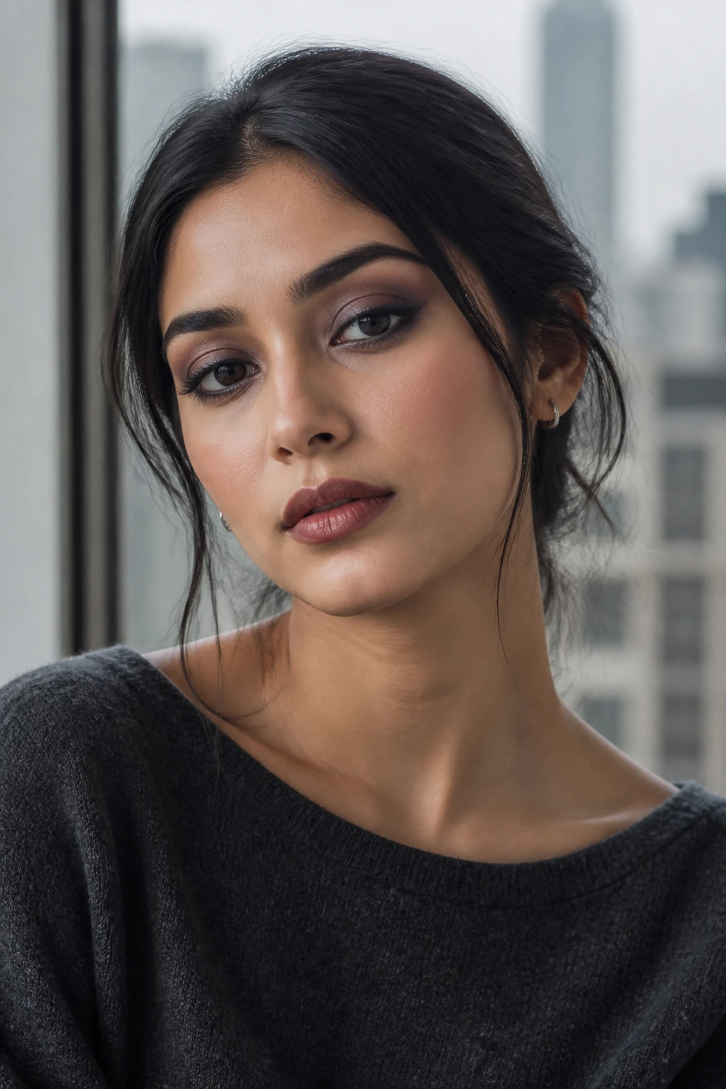 Image Prompt: A high-resolution beauty photograph of a South Asian woman wearing a misty fall eye look, soft layers of cool taupe, smoky gray, and muted charcoal eyeshadow blended across the eyelids with hazy edges, no sharp cut crease, lightly defined lashes, natural satin skin, muted rose-brown blush, and a soft nude-plum lip, long dark hair arranged in a loose low bun with face-framing strands, woman wearing a charcoal wool top and small silver earrings, pale overcast window light, gray city buildings softly blurred in the background, sophisticated 1990s-inspired editorial makeup photography, 100mm lens, realistic skin and eye texture, no logos, no text, no watermarks on images.