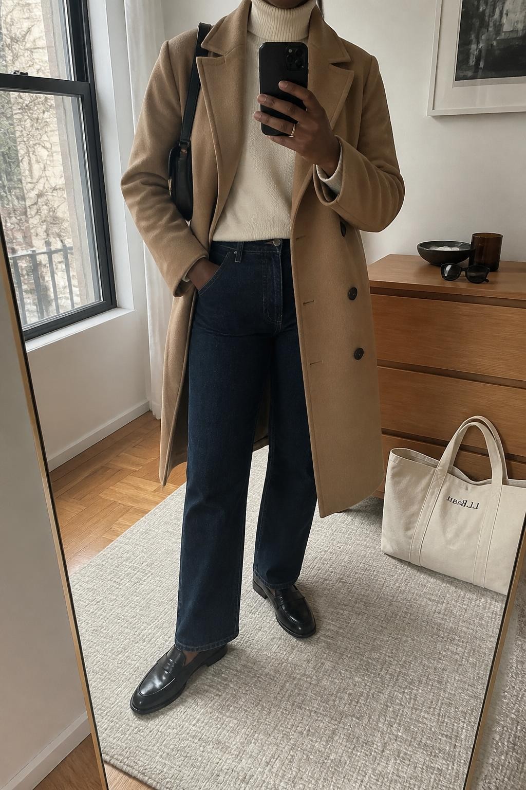 mirror selfie of a Black woman wearing a camel wool trench coat, cream fine-knit turtleneck, dark-wash straight-leg jeans, black leather loafers, and a structured black shoulder bag, clearly showing the same clothing items, colors, fabrics, and accessories listed in the Outfit Pieces section, holding a phone in front of a mirror, cropped at NECK so the face does not show, with a relaxed casual selfie pose, in a stylish city apartment, natural window light, including sunglasses placed on a dresser and a tote bag resting on the floor, latest iPhone photo quality.