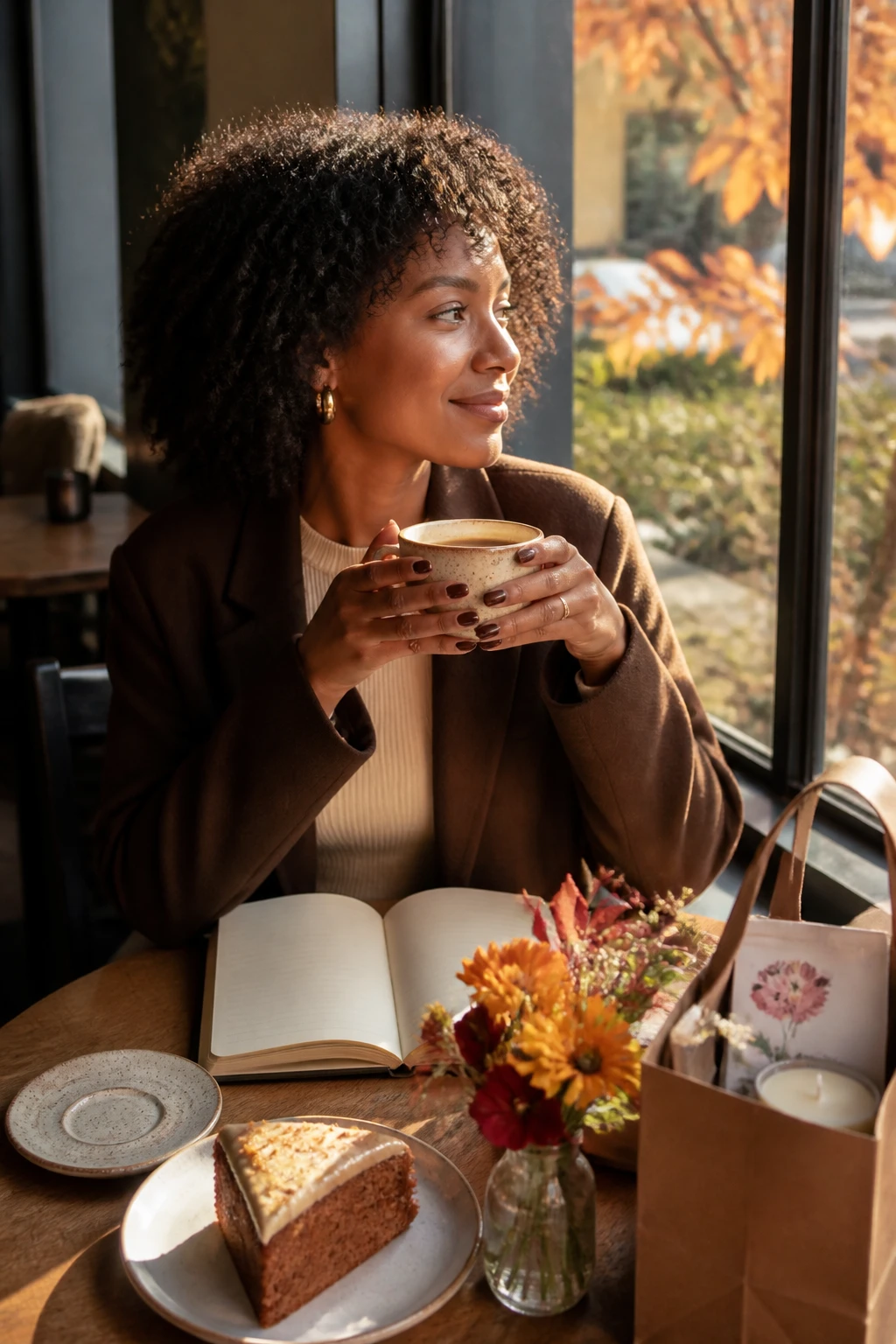 Image Prompt: A stylish realistic DSLR photograph of a Black woman with warm medium-brown skin enjoying a solo fall beauty date in a charming café near a window, wearing a tailored chocolate-brown coat over a cream knit top, glossy neutral manicure, soft berry lip color and neat natural curls, small bouquet of seasonal flowers and a shopping bag containing a candle and sheet masks placed beside her, open notebook, slice of spiced cake and warm drink on the table, golden late-afternoon sunlight, copper leaves visible outside, confident relaxed expression, realistic skin texture and body proportions, polished lifestyle editorial photography, 50mm lens, no visible brand names, no text.