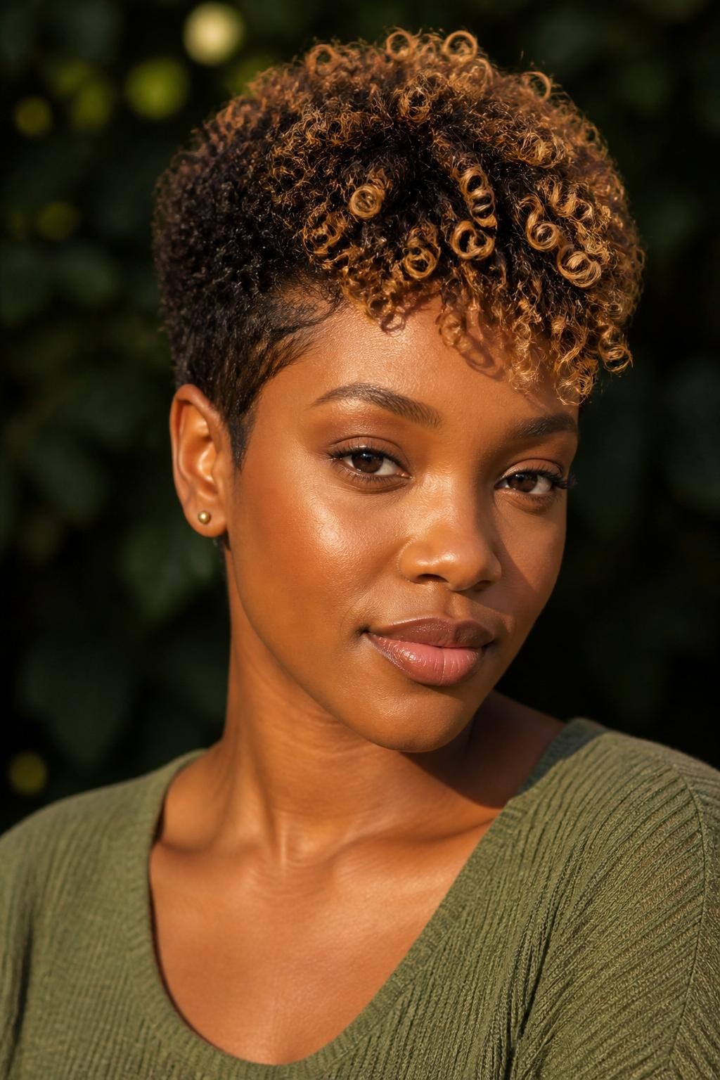 A realistic close-up portrait of a Black woman with warm medium-dark skin wearing a short curly pixie, deep chocolate-brown roots and tapered sides, golden pecan and warm caramel-brown pigment painted onto selected curls through the crown and front, brighter honey-pecan tips on a few forehead curls, darker inner coils fully preserved, no uniform blonde coating, natural edges, defined curls with soft frizz, olive knit top, small gold studs, blurred dark green foliage, soft golden autumn light, precise curl-by-curl color placement, realistic skin detail.