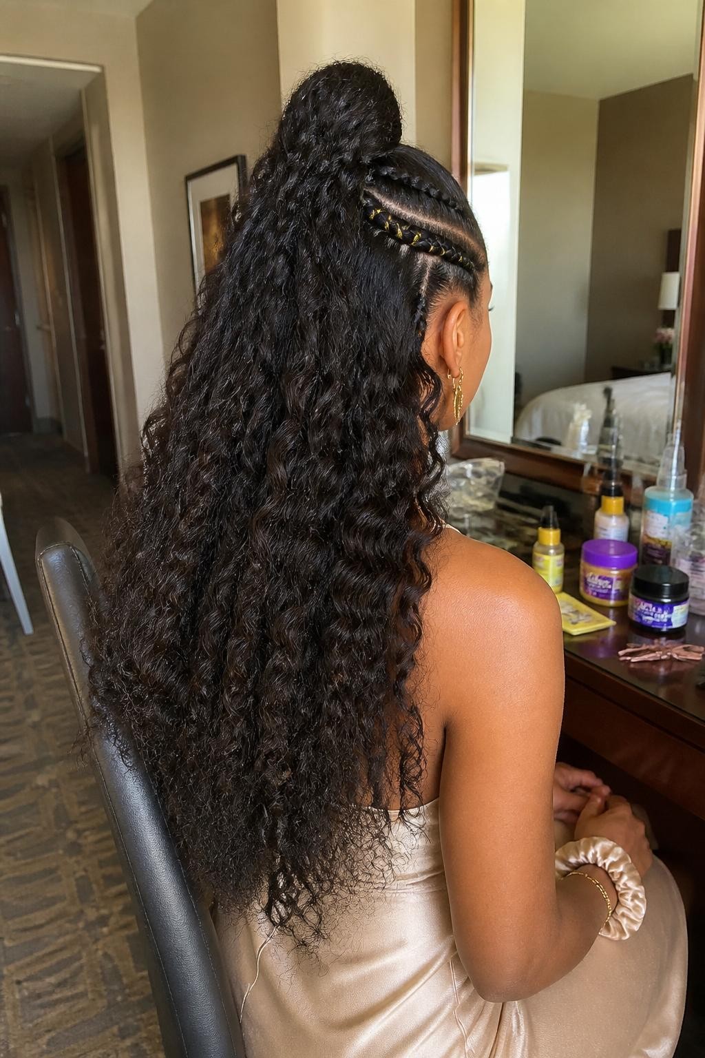 Photo of a Black woman wearing long defined curls styled into a high half-up ponytail with two slim braids running from the temples toward the crown, a wrapped hair base, and subtle gold thread woven into one braid, back-of-head view in a softly lit hotel suite, warm window light, curl gel and sectioning clips on the vanity, champagne-colored dress visible and a silk scrunchie around her wrist, realistic curl texture and natural flyaways, latest iPhone photo quality.
