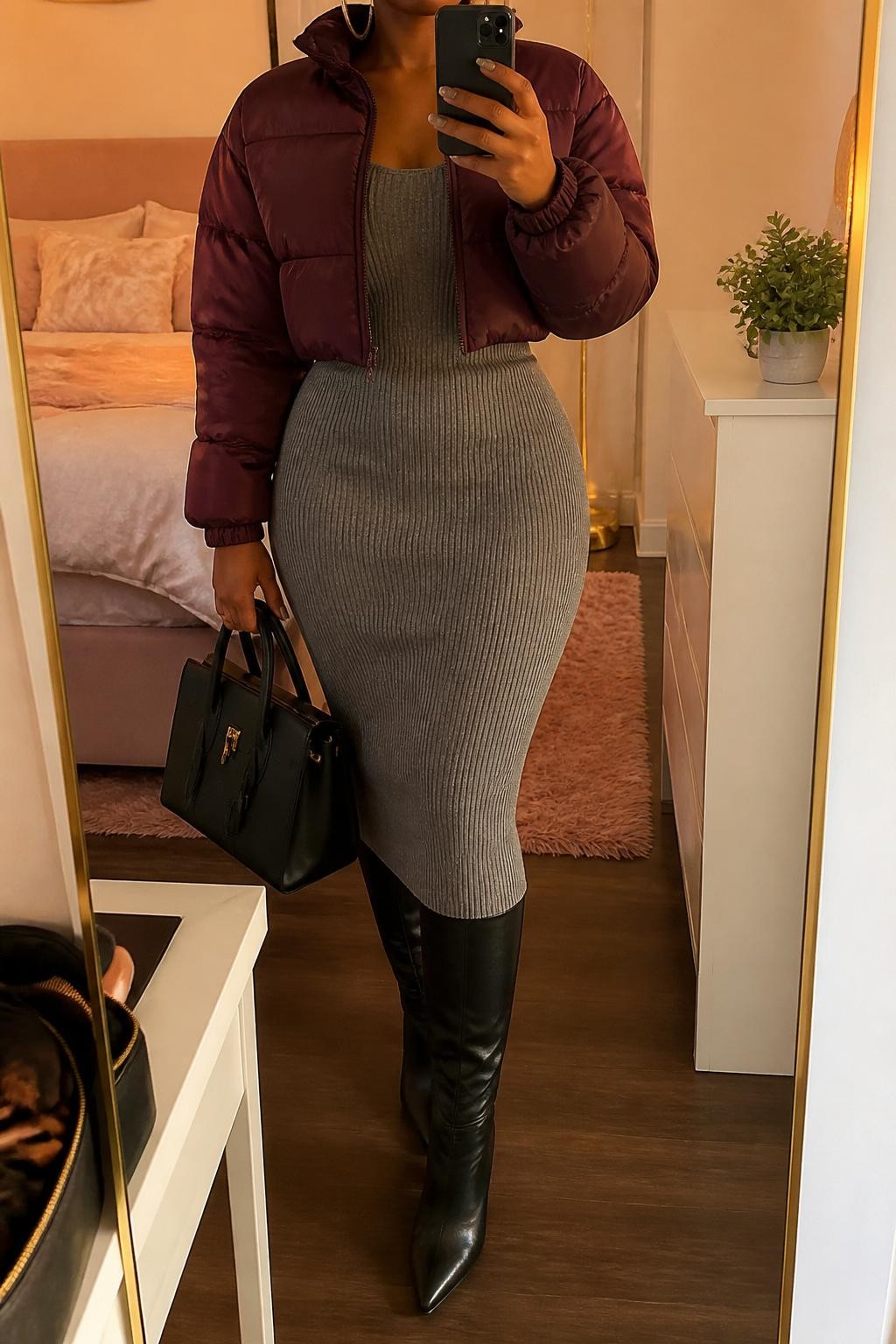mirror selfie of a Black woman wearing the exact outfit described above, clearly showing a burgundy cropped puffer jacket layered over a gray ribbed knit midi dress, black knee-high boots, a black structured handbag, and silver hoop earrings, holding a phone in front of a mirror, cropped at NECK so the face does not show, with a relaxed casual selfie pose, in a feminine-themed bedroom, evening golden hour, with a makeup brush or cosmetic bag on the counter and a small plant on a dresser, latest iPhone photo quality.