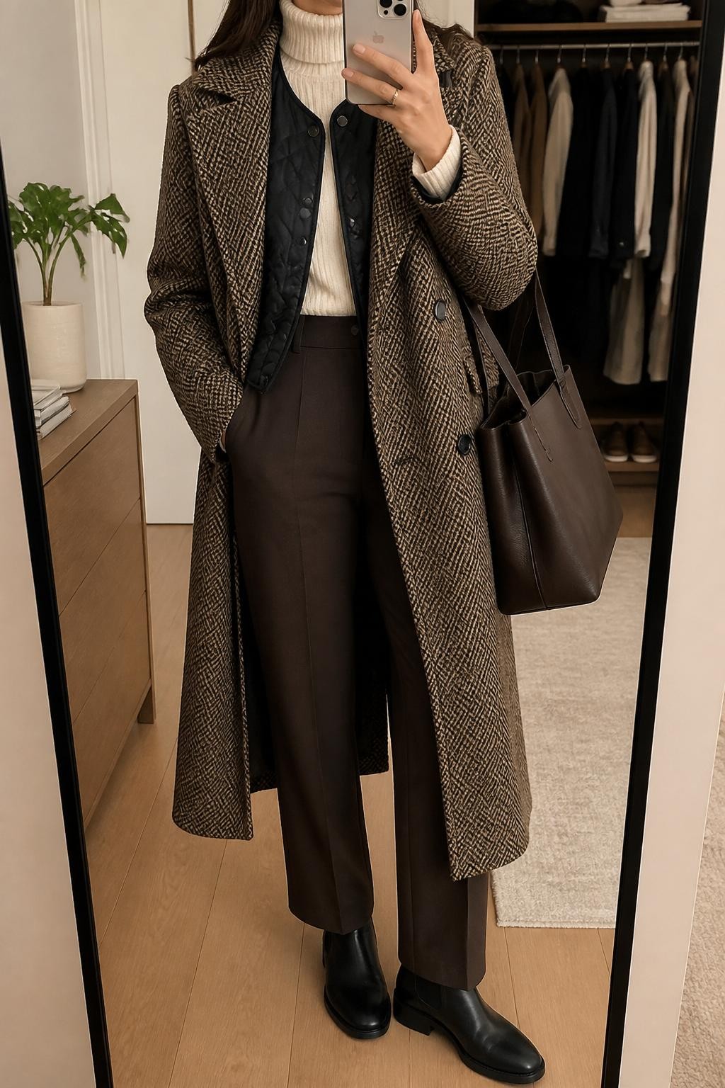 Mirror selfie of a woman wearing a long brown-and-black herringbone wool coat over a slim black quilted vest and a cream ribbed turtleneck, dark brown high-waisted straight-leg trousers, black leather Chelsea boots, and a structured dark brown tote bag, clearly showing the exact clothing items, colors, patterns, textures, and accessories listed, holding a latest-model iPhone in front of a mirror, cropped at the neck so the face does not show, relaxed casual selfie pose, in a stylish city apartment with soft indoor lighting, an open closet with clothes visible and a small plant on a dresser, natural uncluttered setting, latest iPhone photo quality.