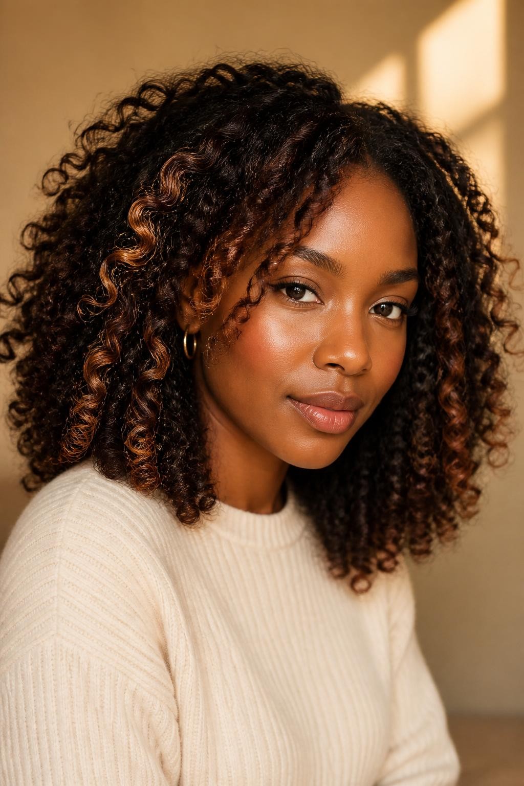 Hair Color Image Prompt:
A realistic editorial portrait of a Black woman with deep brown skin and full shoulder-length curls, rich espresso-brown base, irregular maple and toasted pecan ribbons hand-painted onto selected outer curls, brighter maple-brown pieces concentrated around the temples and cheekbones, darker natural roots and inner curls fully preserved, muted caramel-copper tips on a few lower curls, no uniform stripes or pale blonde sections, rounded layered shape, defined curls with natural frizz, cream ribbed sweater, small gold hoops, warm beige background, soft autumn window light, precise curl-by-curl color placement, realistic skin texture and satin shine.