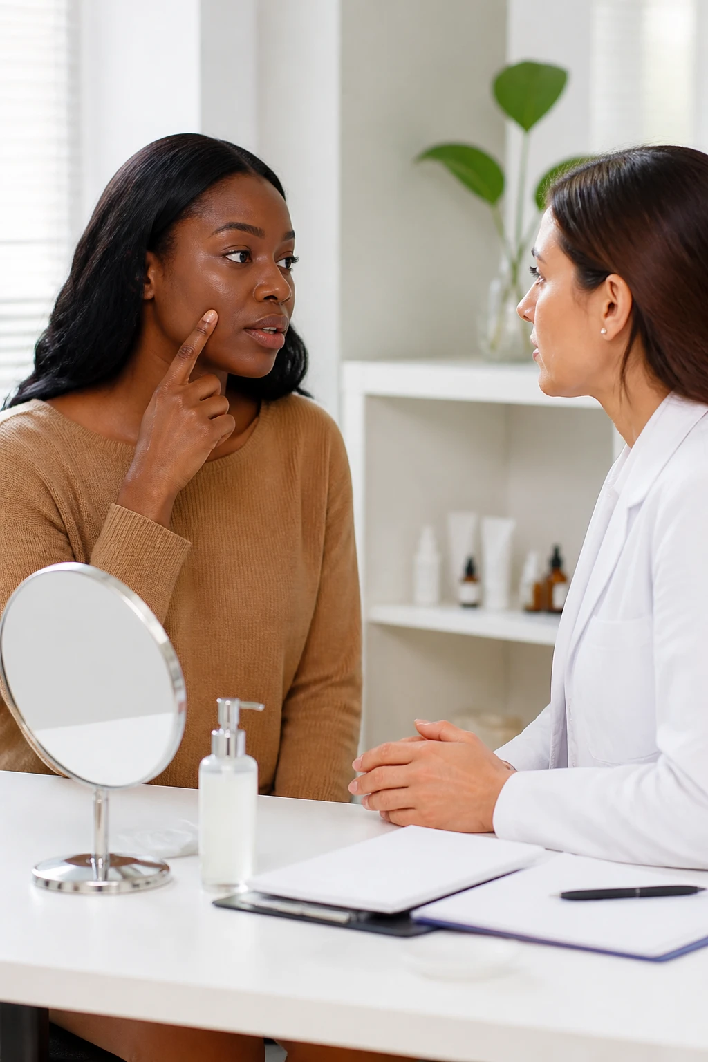 Image Prompt: A clean realistic consultation photograph of a Black woman with deep brown skin speaking with a female dermatologist in a bright modern clinic, patient pointing to a persistent dry patch along her cheek while the dermatologist examines it carefully without performing a procedure, both women seated at eye level, patient wearing a camel sweater and dermatologist wearing a plain white coat, skincare notes and simple mirror on the desk, soft natural window light, respectful professional atmosphere, realistic skin texture and body proportions, DSLR healthcare editorial photography, 50mm lens, no clinic branding, no readable medical information, no text.
