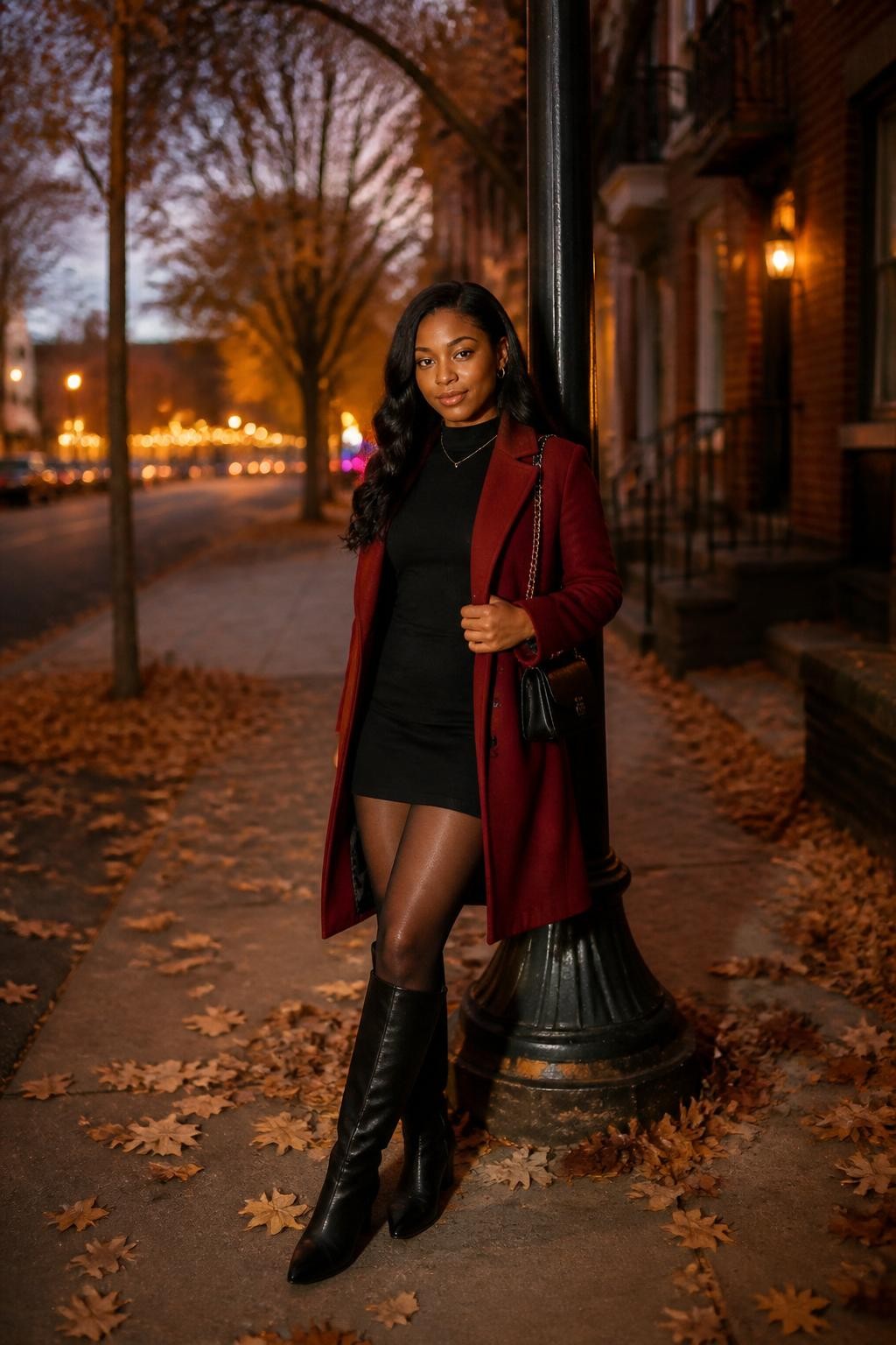 realistic city fall senior portrait of a Black young woman wearing a deep red tailored wool coat over a fitted black long-sleeve mini dress, sheer black tights, black knee-high leather boots, and a small black chain-strap bag, standing beneath a classic streetlamp on a leaf-covered sidewalk, full-body composition clearly showing the exact coat, dress, tights, boots, and bag, confident natural pose with the coat slightly open, warm moody evening light, realistic professional DSLR photography.