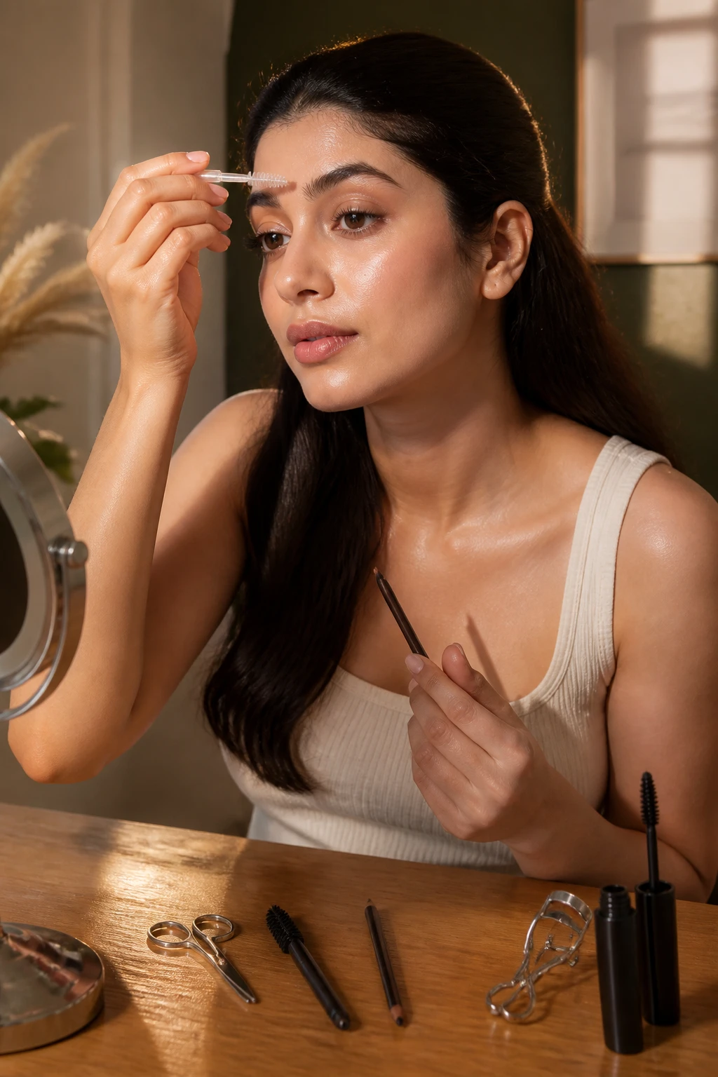 Image Prompt: A detailed realistic beauty photograph of a South Asian woman completing a polished brow and lash routine at a vanity, brushing full natural brows upward with a clear spoolie and applying a fine brow pencil only through sparse areas, lashes softly curled and coated with lengthening mascara, fresh minimal base makeup and natural pink-brown lips, long dark hair pulled away from her face, small brow scissors, spoolie, pencil, lash curler and mascara arranged neatly on a wooden vanity, soft golden fall daylight, cream and muted olive background, realistic eye and hair detail, DSLR editorial photography, 85mm lens, no product branding, no text.