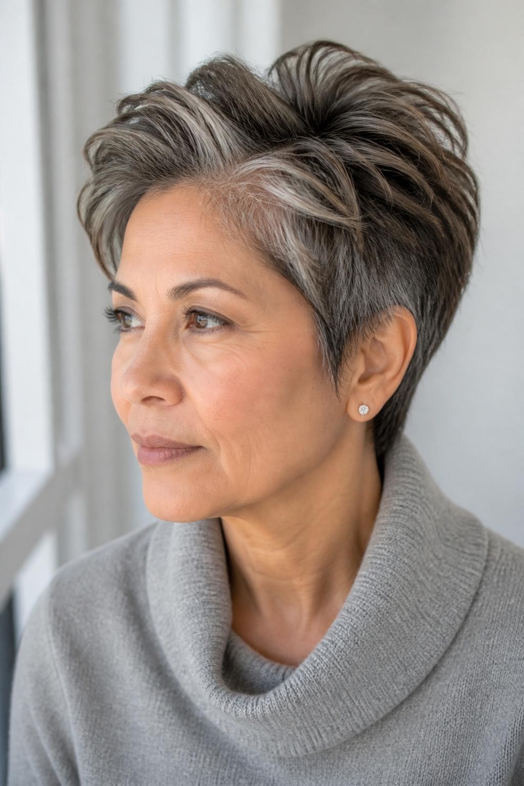 A realistic editorial portrait of a mature woman with medium neutral skin wearing a softly tapered pixie, natural silver strands blended with deep chestnut-brown lowlights, smoked pearl highlights around the hairline and crown, charcoal-gray pieces through the sides, natural salt-and-pepper root pattern retained, no solid white sections or harsh dark stripes, soft swept-back top, textured feathered ends, gray cashmere sweater, minimal makeup, bright window light, realistic mature hair density, fine flyaways and natural tonal variation.