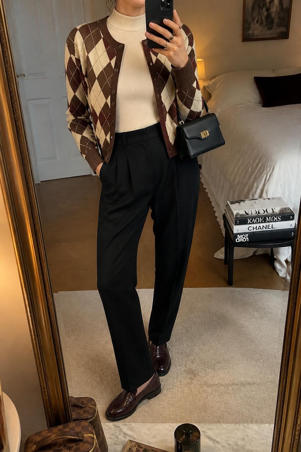 mirror selfie of a woman wearing a brown, cream, and burgundy argyle button-front cardigan, fitted cream mock-neck top, black high-waisted pleated trousers, burgundy leather loafers, and a small structured black handbag, clearly showing the same clothing items, colors, fabrics, footwear, and accessories listed in the Outfit Pieces section, holding a phone in front of a mirror, cropped at NECK so the face does not show, with a relaxed casual selfie pose, in a cozy bedroom mirror setup, warm moody lighting, including a cosmetic bag on the counter and a stack of fashion magazines on a side table, latest iPhone photo quality.