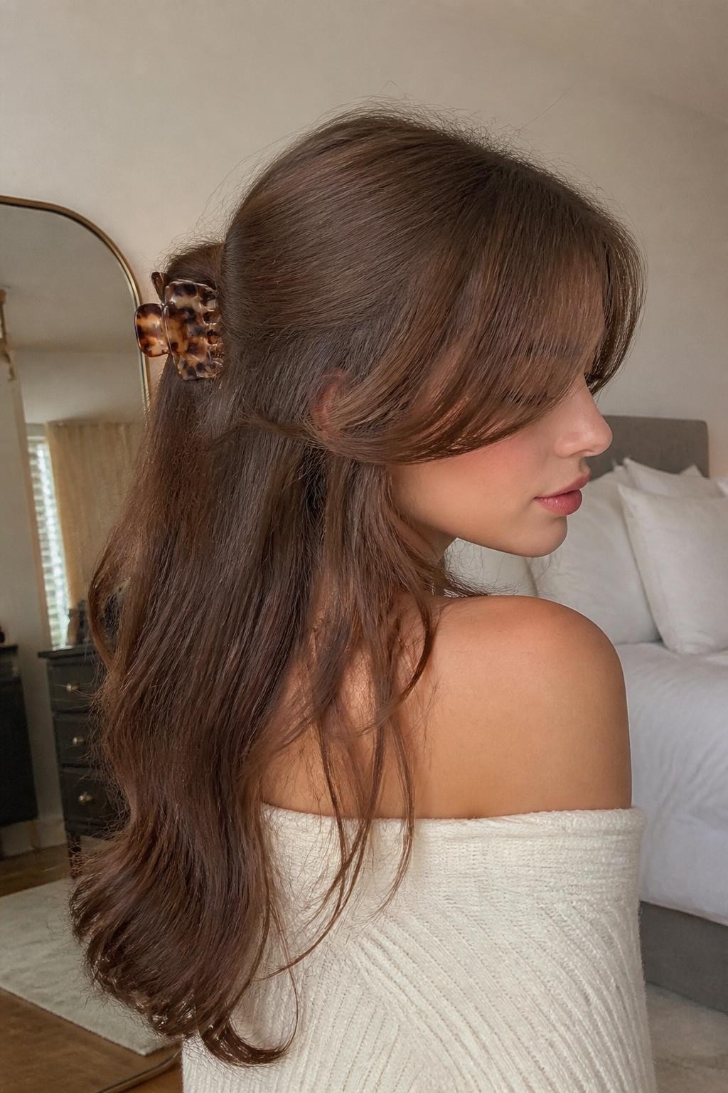 A realistic beauty photo of a woman with long chestnut brown hair and curtain bangs styled into a loose claw clip twist, bangs softly parted and framing the face, long hair twisted at the back with a tortoiseshell claw clip, cream off-shoulder sweater, soft natural makeup, warm bedroom mirror background, cozy feminine hairstyle inspiration, DSLR photo, no text, no watermark.