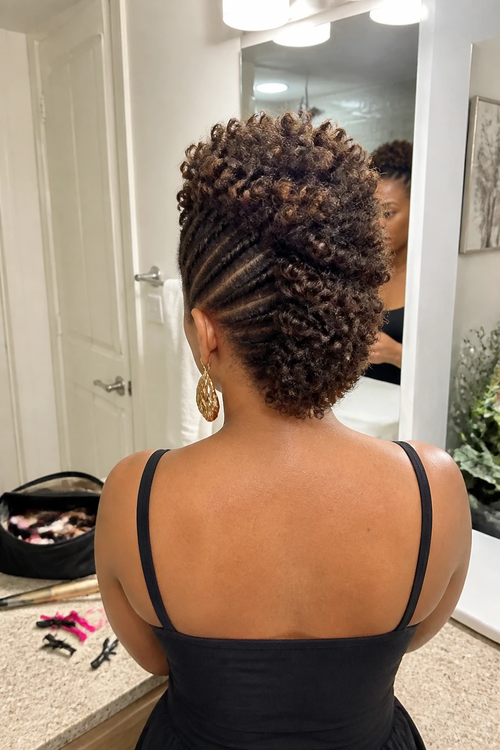 Image prompt
Photo of a woman wearing a curly mohawk with broad flat twists sweeping upward from both sides into a full textured centre, back-of-head view highlighting the twist pattern and loose curls, standing at a bathroom vanity mirror, soft indoor lighting, containing a small lived-in detail such as sectioning clips beside an open makeup bag, a curling wand on the counter, and statement earrings peeking through, realistic getting-ready moment, latest iPhone photo quality.